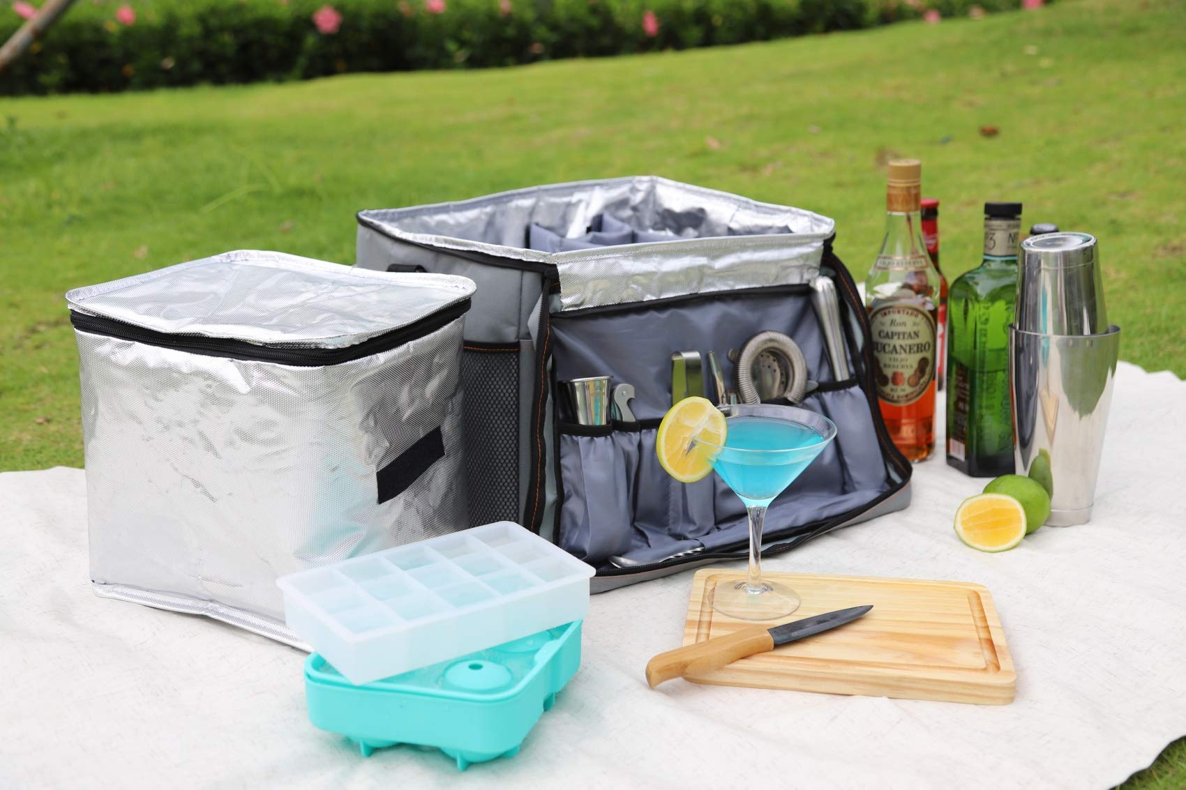 Borsa da viaggio per barman, Sky Fish 13 pezzi Kit da barman che include strumenti da bar e borsa da bar isolata per viaggi, campeggio, picnic e feste.