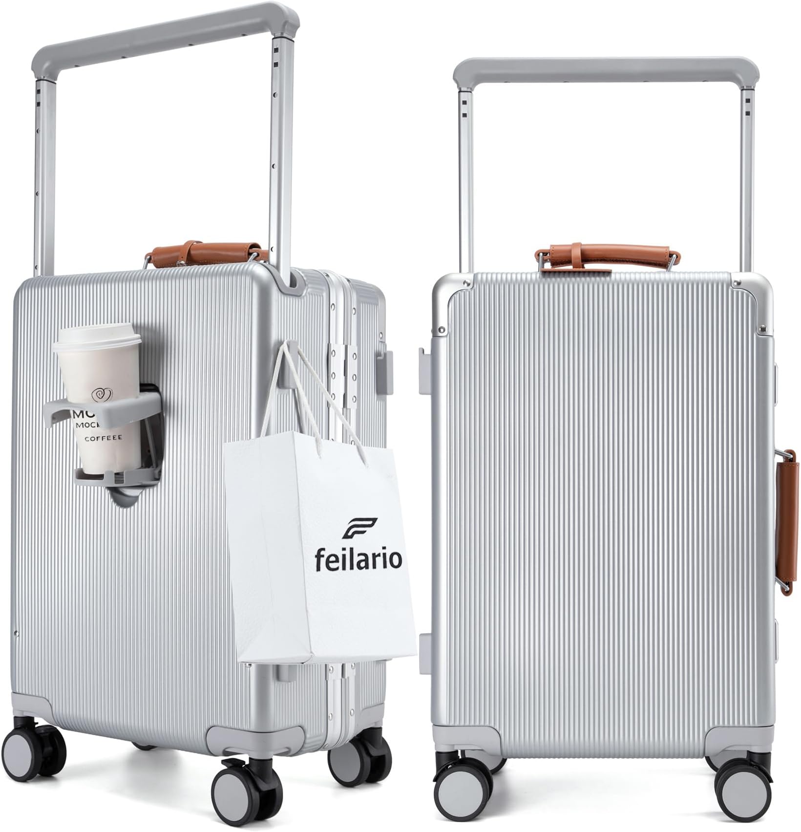 feilario Aluminum Frame Hardside PC Carry on Luggage - Wide Handle Double Spinner Wheels Suitcase Built-In TSA lock & Cup Holder - 20in/24in, Pro-Silver, 20in, Business