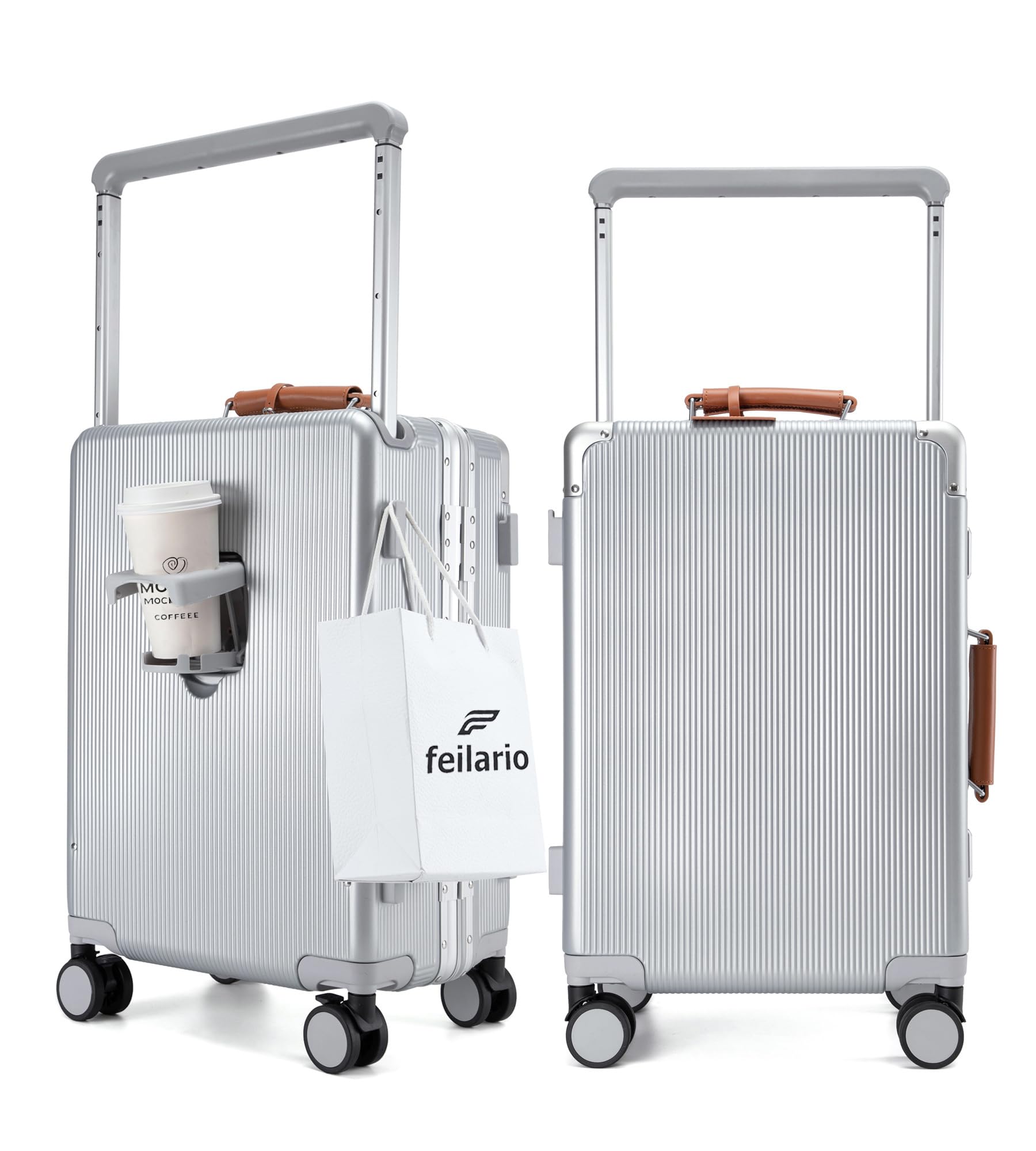 feilario 20'' Aluminum Frame Wide Handle PC Hardside Carry On Luggage - Double Spinner Wheels Luxury Rolling Travel Suitcase with TSA Lock & Cup Holder