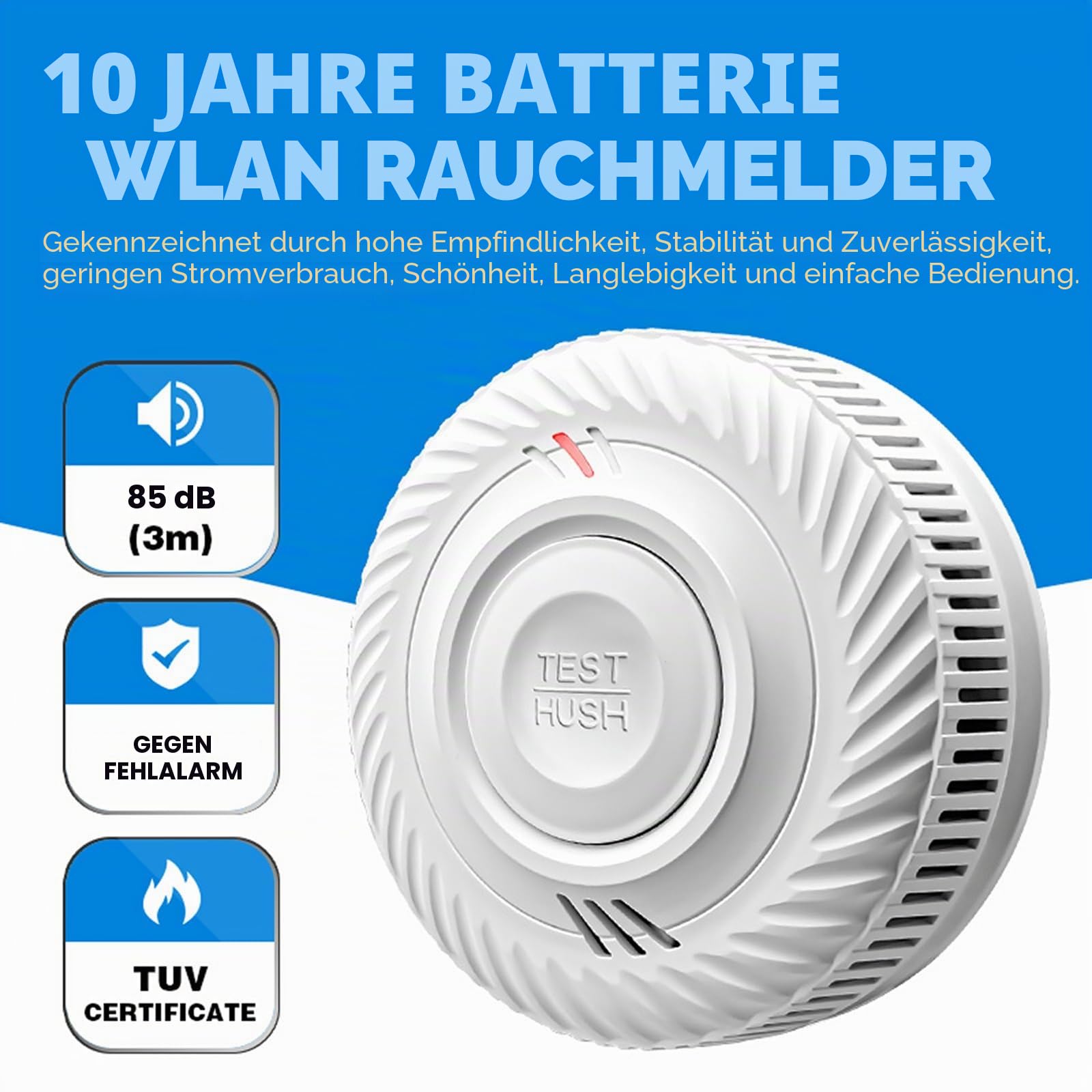 Smart Rauchmelder,WLAN-Rauchmelder, kompatibel mit Tuya/Smart Life APP，Kein Gateway erforderlich ，85 dB Warnsignal, vernetzter Mini-Rauch- und Feuermelder,S100B-CR-W (4er Pack)