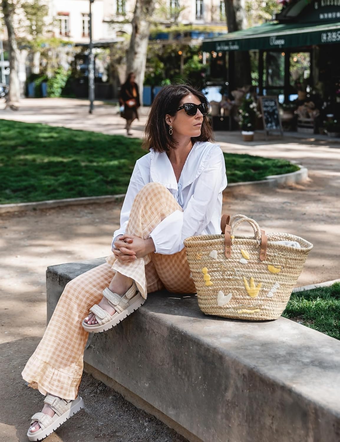 Flygo Women's Gingham Pants Y2K Cotton Wide Leg Ruffle Hem Lounge Pants Plaid Elastic Wasited Trouser with Pockets - Image 4