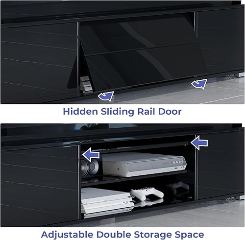 Miniatura 4 de VVFLU Soporte de TV LED negro de alto brillo para TV de 556570 pulgadas, moderno centro de entretenimiento con almacenamiento, soporte de TV para