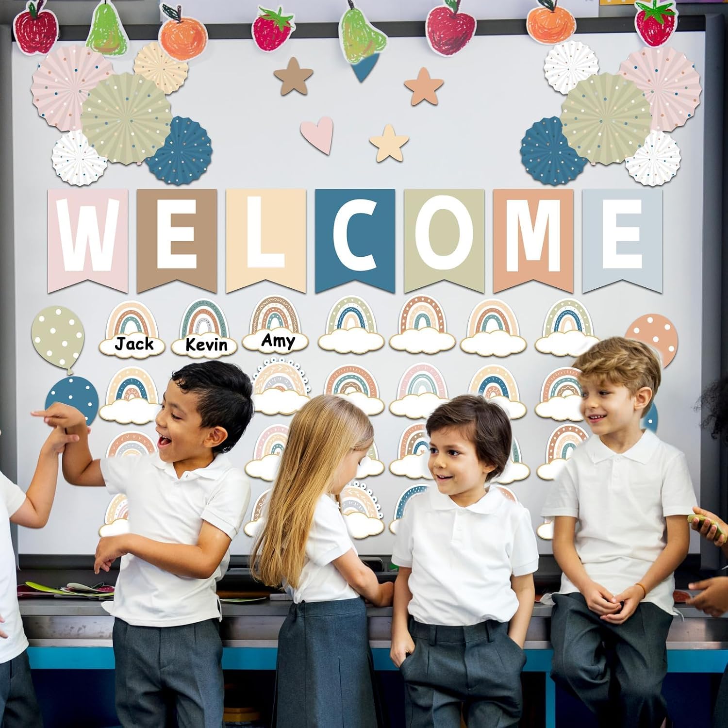 67 Pieces Simply Boho Welcome Classroom Bulletin Board Set Rainbow Bulletin Board Classroom Decoration Balloon Paper Fans Cutouts for Primary School Kindergarten Middle School Wall Decor