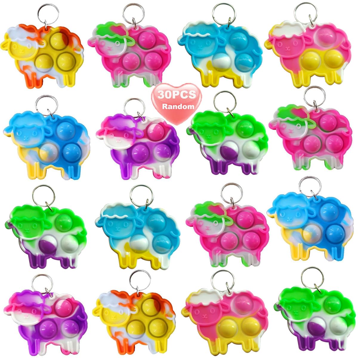30 Packs Rainbow Bulk Sheep Fidget Pop Gifts, Mini Anxiety Stress Reliever Toys for Students Bubble Prize, Kids Birthday Christmas Party Favors
