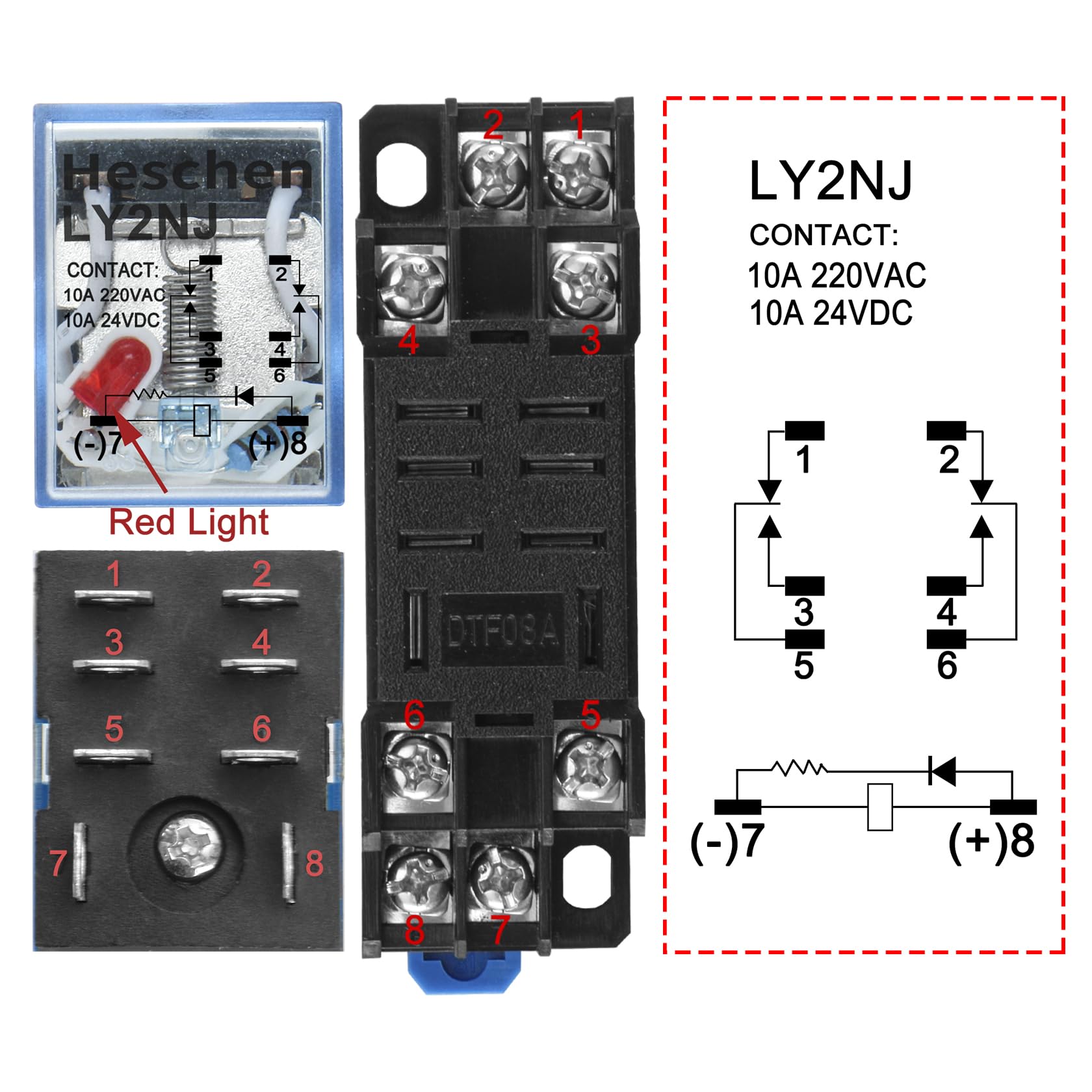 Heschen Relè per uso generico, LY2NJ, bobina 220VAC, 10A 24VDC/220VAC, DPDT, indicatore LED, con base a bussola