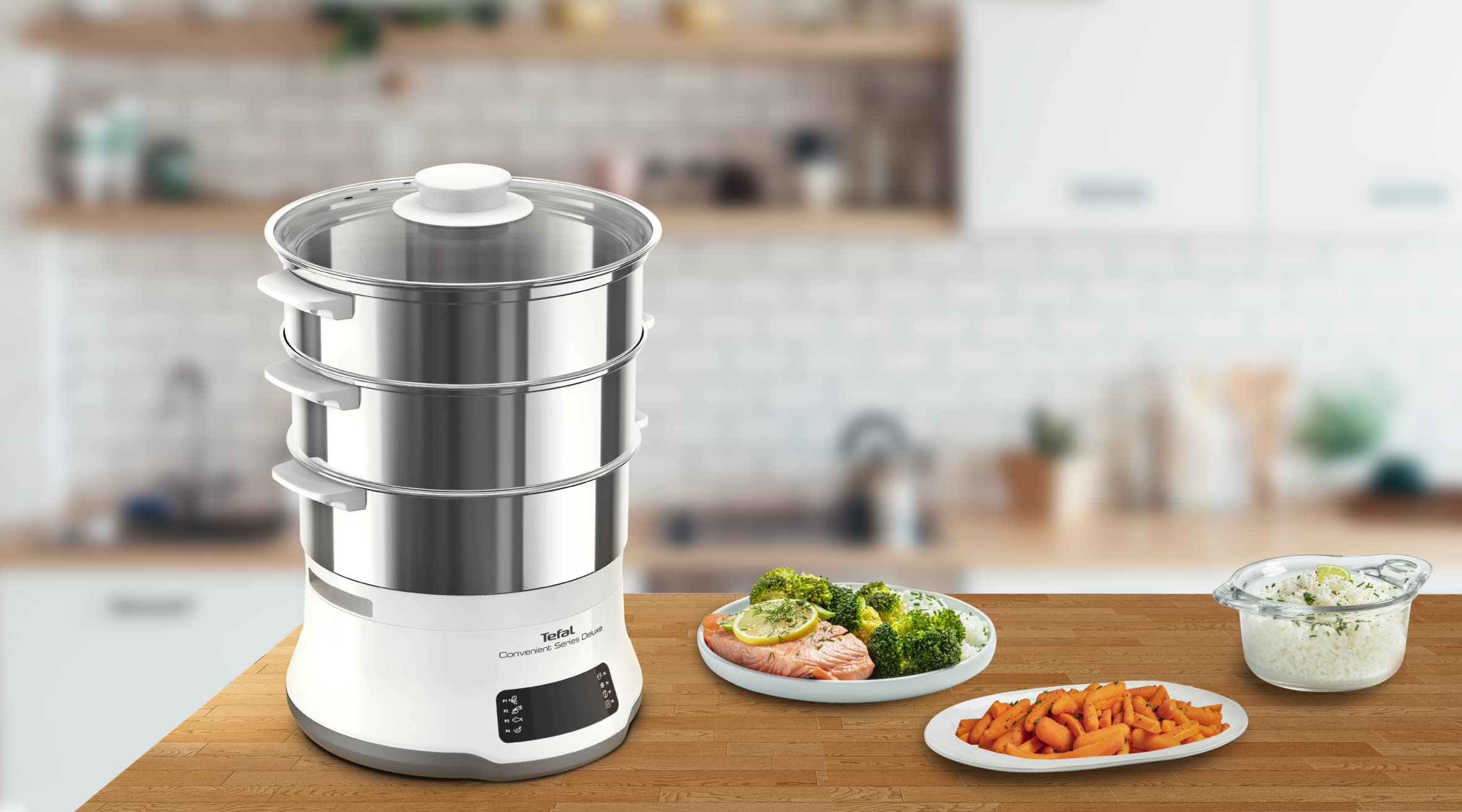 Tefal Vaporera eléctrica Convenient Series Deluxe VC502D - Vaporera cocina vapor de 900 W, 8 programa de cocción, bol acero inoxidable, hasta 3 platos a la vez, panel de control táctil, fácil limpieza