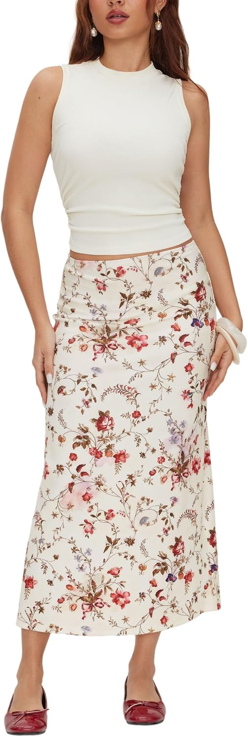 CIDER Two Piece Sets for Women Blurred Floral Midi Skirts Ruched Tank Crop Tops Summer Beach Vacation Clothes Casual Outfits