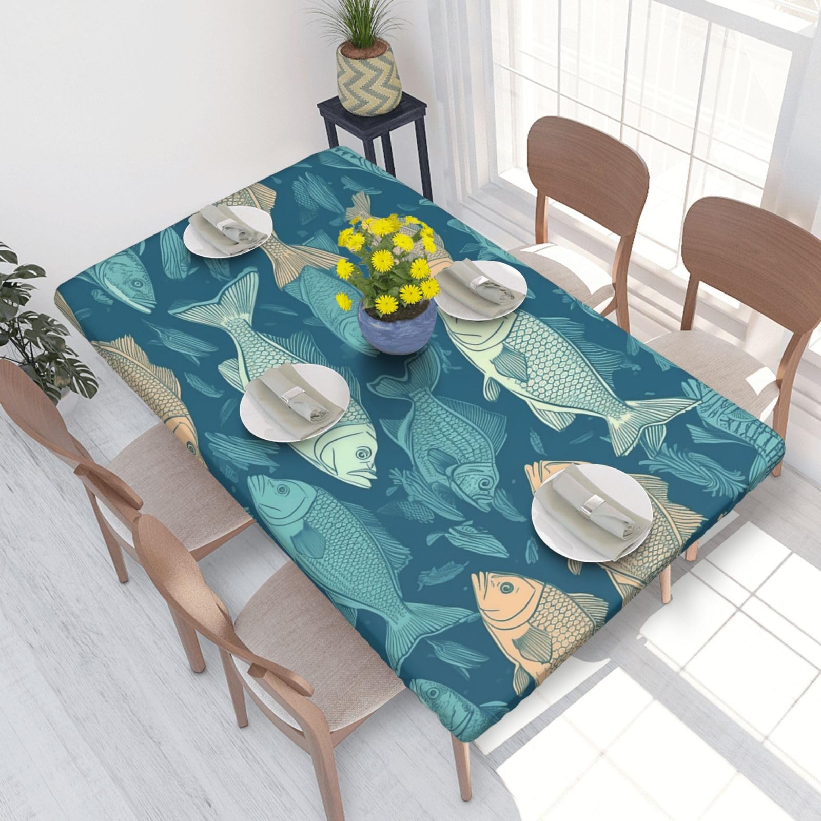 Ocean Fishes Waterproof Square Table Cover Elastic Fitted Tablecloth Oil Proof Table Protector For 4ft Table