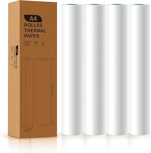 Miniatura 1 de Papel de impresora térmica A4, 4 rollos, 8.3 pulgadas de ancho, papel de fax, compatible con PeriPage A40, M08F, MT810 y otras impresoras térmicas