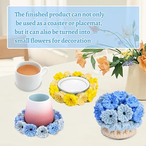 Miniatura 6 de Kit de ganchillo para adultos principiantes, kit de posavasos de flores de ganchillo, kit de tejido con ganchillo, hilo de ganchillo, instrucciones
