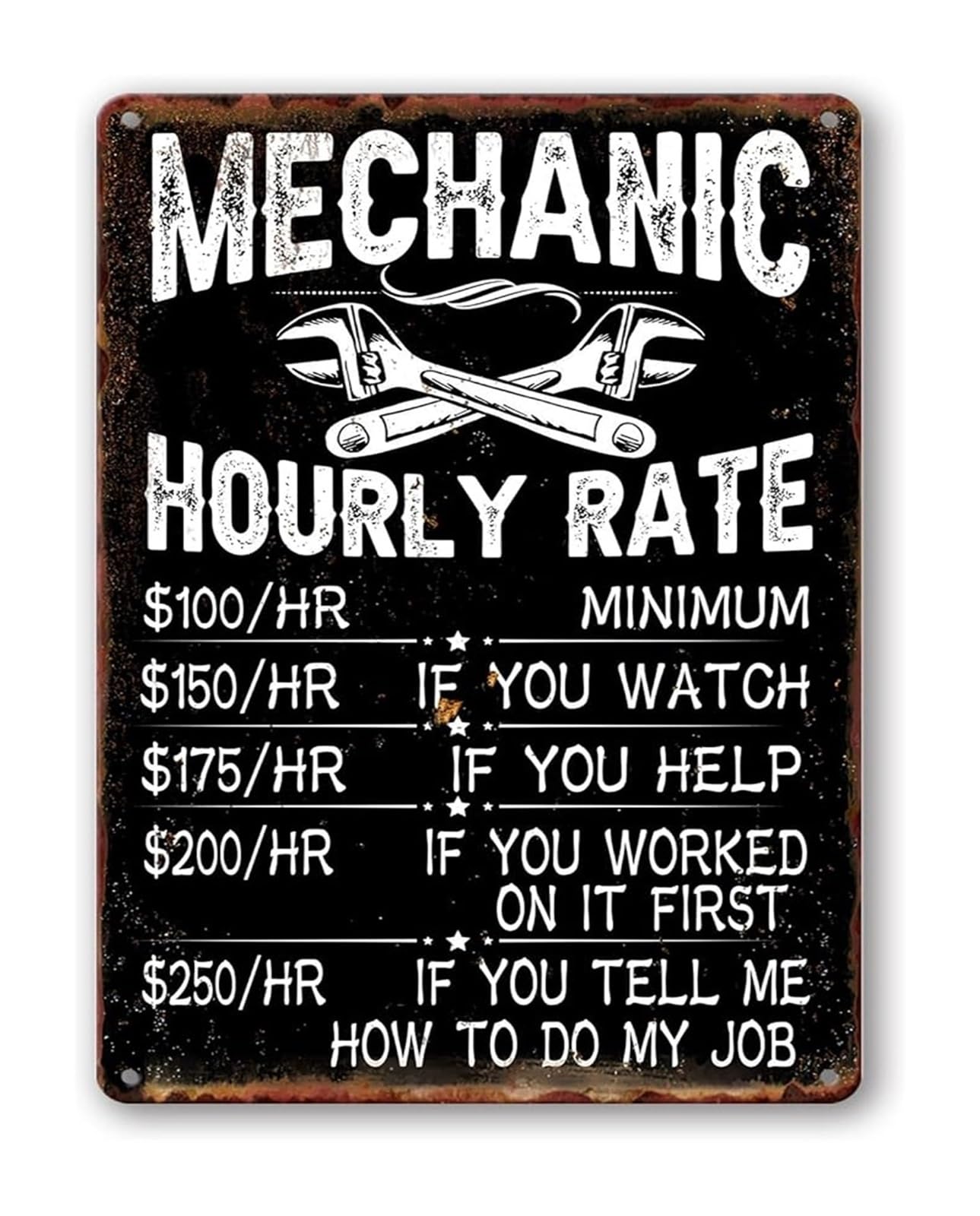 PKNVKZIDK Rustic Mechanic Rules Tin Sign Vintage Retro Metal Plaque with Hourly Rate for Man Cave Garage 8 X 12 in