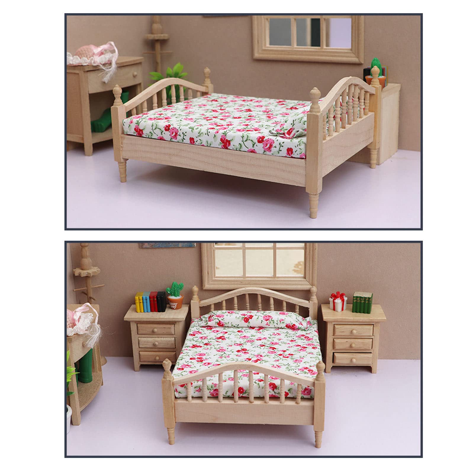 Bonbela 1:12 Dollhouse Mini Double Bed Miniature Furniture Dollhouse Bed Realistic Exquisite Details Birch Wood Fabric Material with 15.7cm Length for Kids Holiday - Image 4