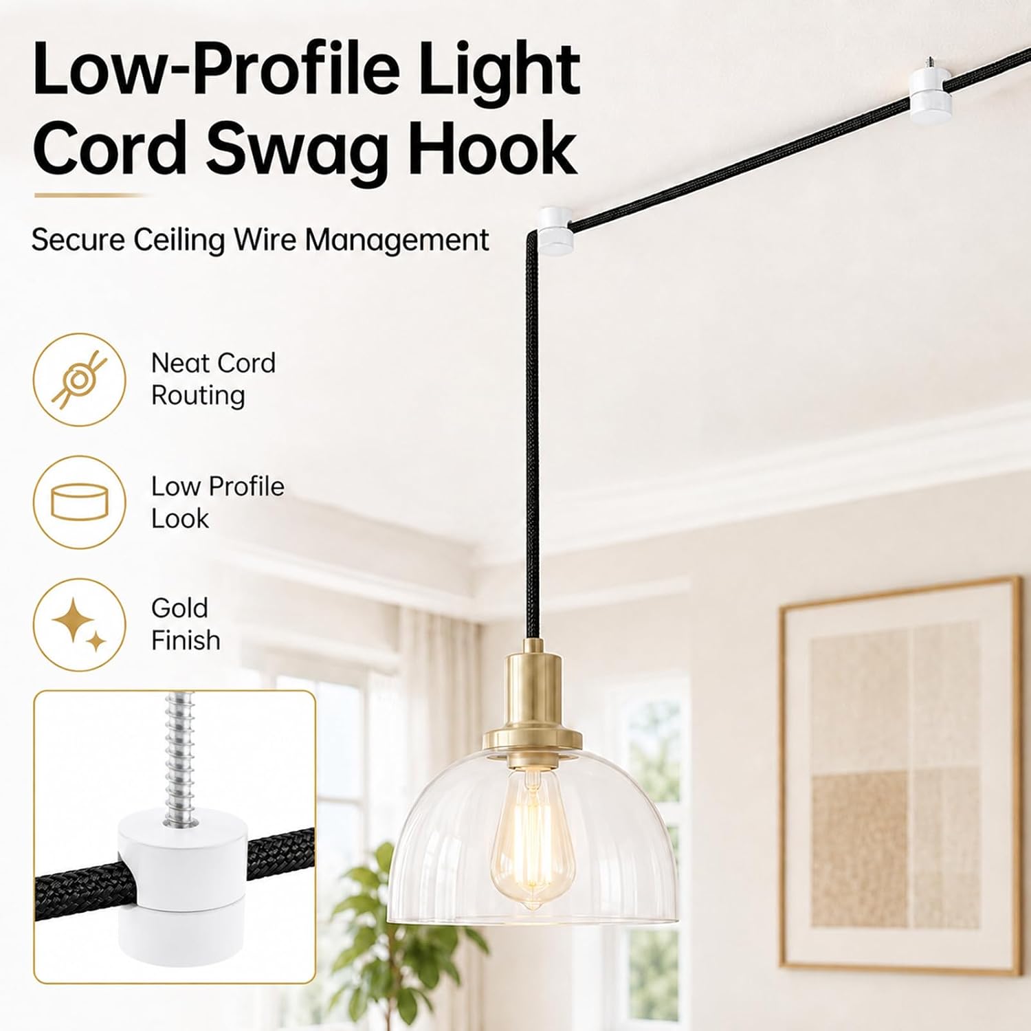 RTNLIT Swag Hook for Chandelier Ceiling Lights Cable (White, 5-Pack)