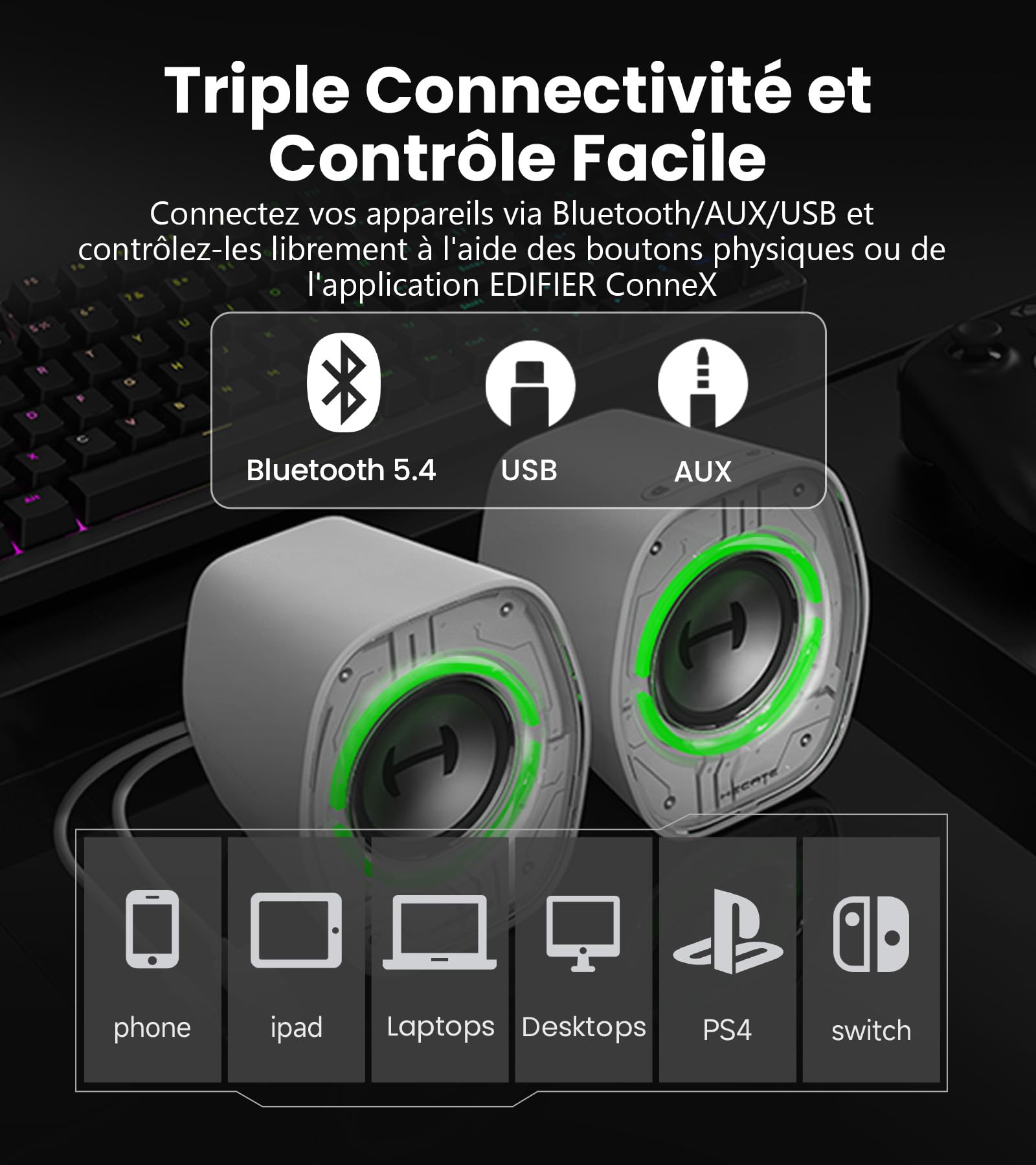 Edifier G1000 II Enceinte PC Gamer de Bureau, Haut-Parleur 2.5" RGB Dynamique, Bluetooth/USB-C/AUX, Noir
