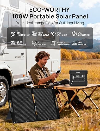 Miniatura 2 de ECO-WORTHY Panel solar portátil de 100 W para centrales eléctricas, IP65 impermeable y ligero con soporte ajustable, panel solar plegable de alta