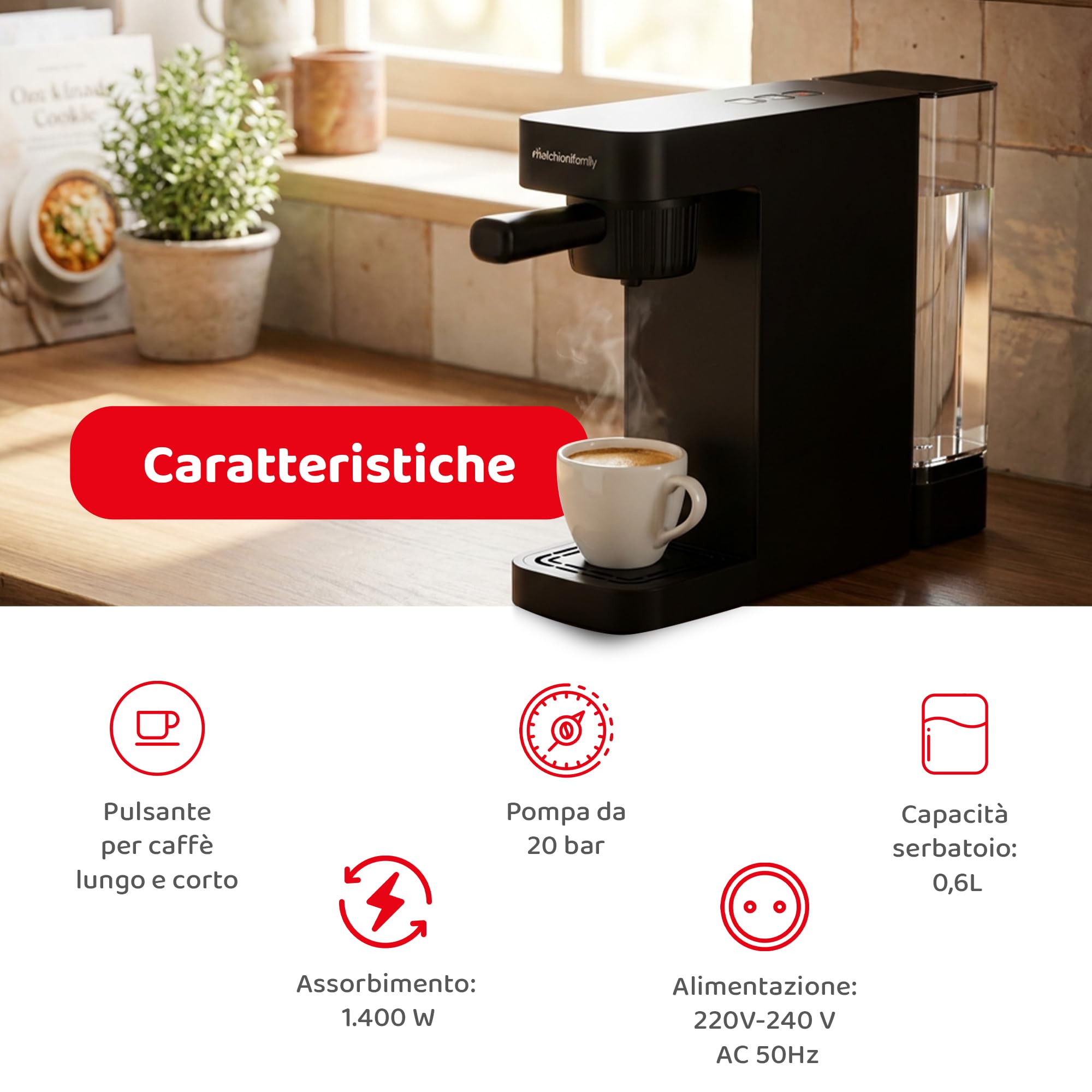 Melchioni Sublime - Macchina del Caffè 3 in 1 - Compatibile con Capsule Nespresso, Dolce Gusto e Caffè Macinato - Pompa 20 Bar - 1450W - Serbatoio 0,6L - Caffè Lungo e Corto (Nero)