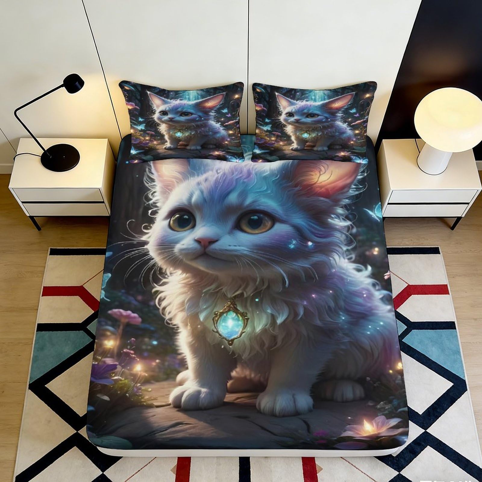 3D Printed Cat Fitted Sheet Microfiber Deep Pocket Non-Slip Bedroom Bedding Cat Mattress Fitted Cover Washable for Adults Youth 160x200x25cm