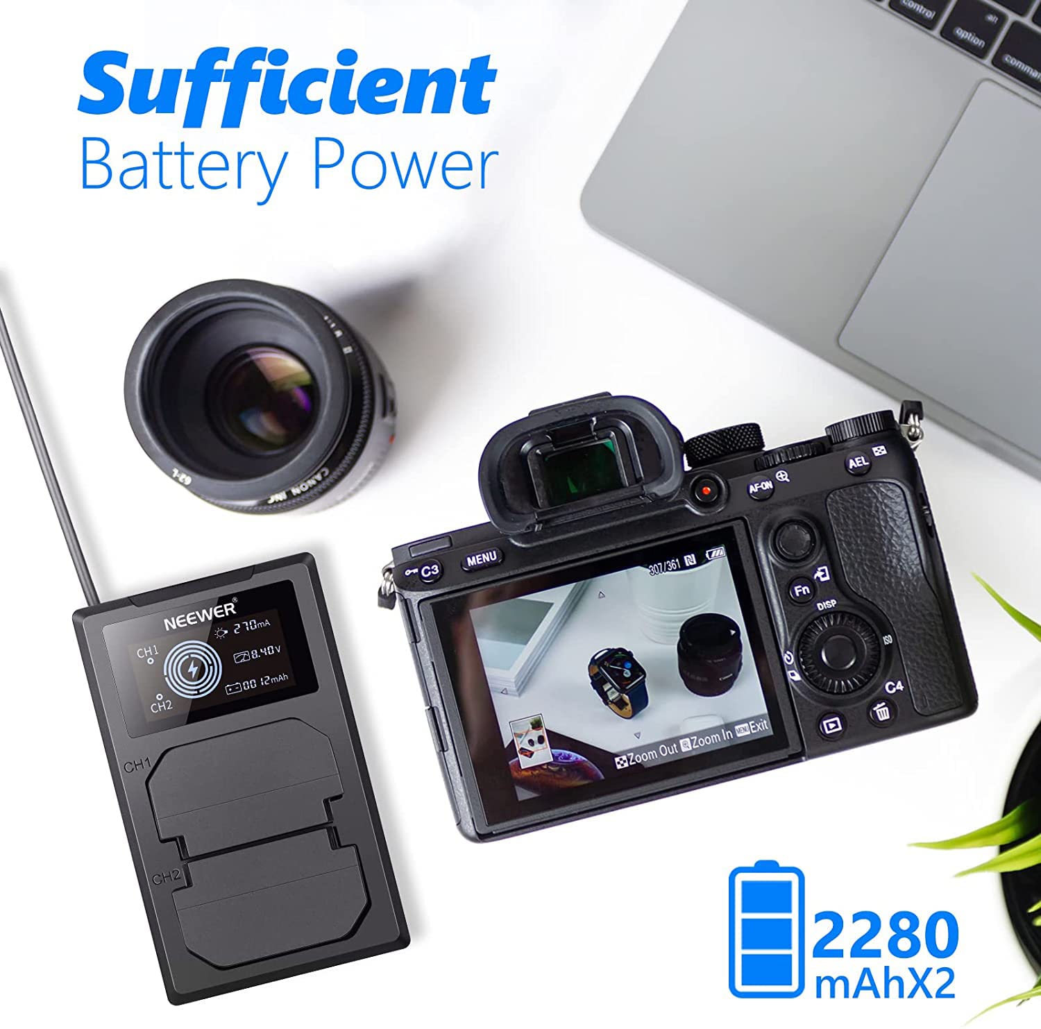 NEEWER NP-FZ100 Kit caricabatterie di ricambio, compatibile con Sony ZV-E10II A9III A7CII ZV-E1 A7III A7IV FX3 FX30 A6700 A1, 2 batterie agli ioni litio da 2280 mAh, caricatore doppio USB con schermo