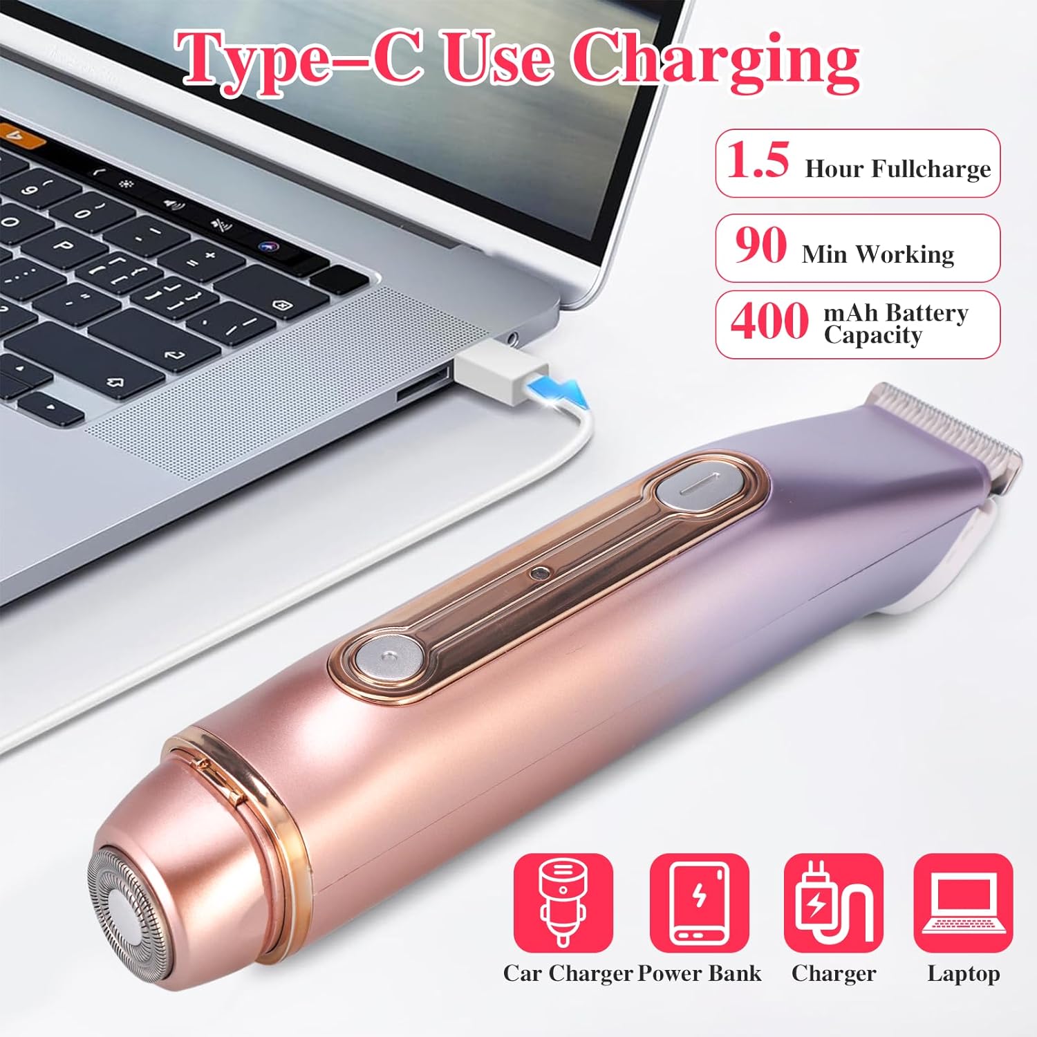 Bikini Trimmer for Women, 2-in-1 Electric Razor for Pubic Hair & Body - IPX7 Waterproof, Rechargeable Cordless Groomer for Legs, Underarm & Face (Mauve)