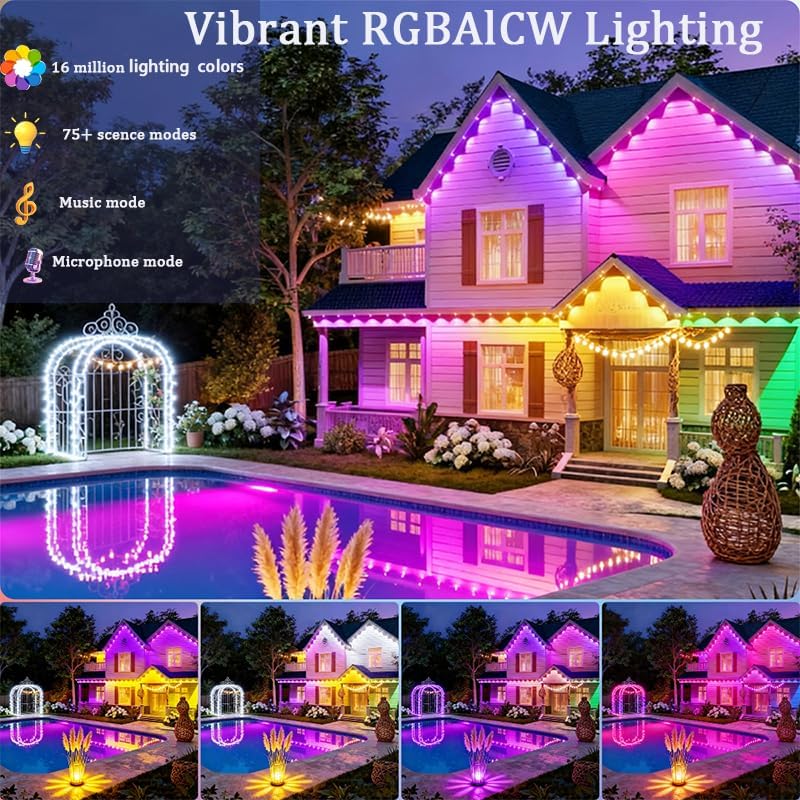 Miniatura 5 de Luces permanentes para exteriores de 54 pies, luces de Navidad inteligentes para exteriores con RGBCW 36 LED IP67, iluminación de aleros