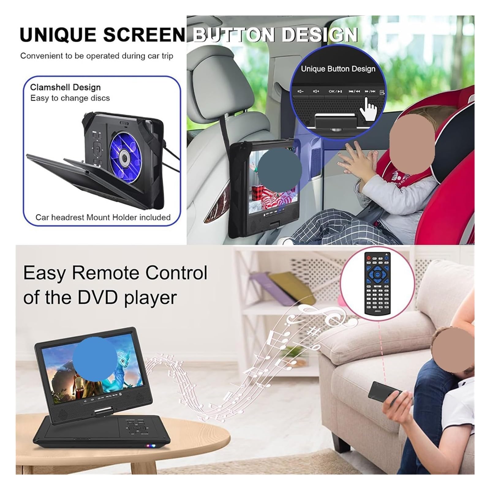 12-calowy przenośny odtwarzacz DVD z obsługą wideo w wysokiej rozdzielczości, bezprzewodowy odtwarzacz kompatybilny z technologią Bluetooth