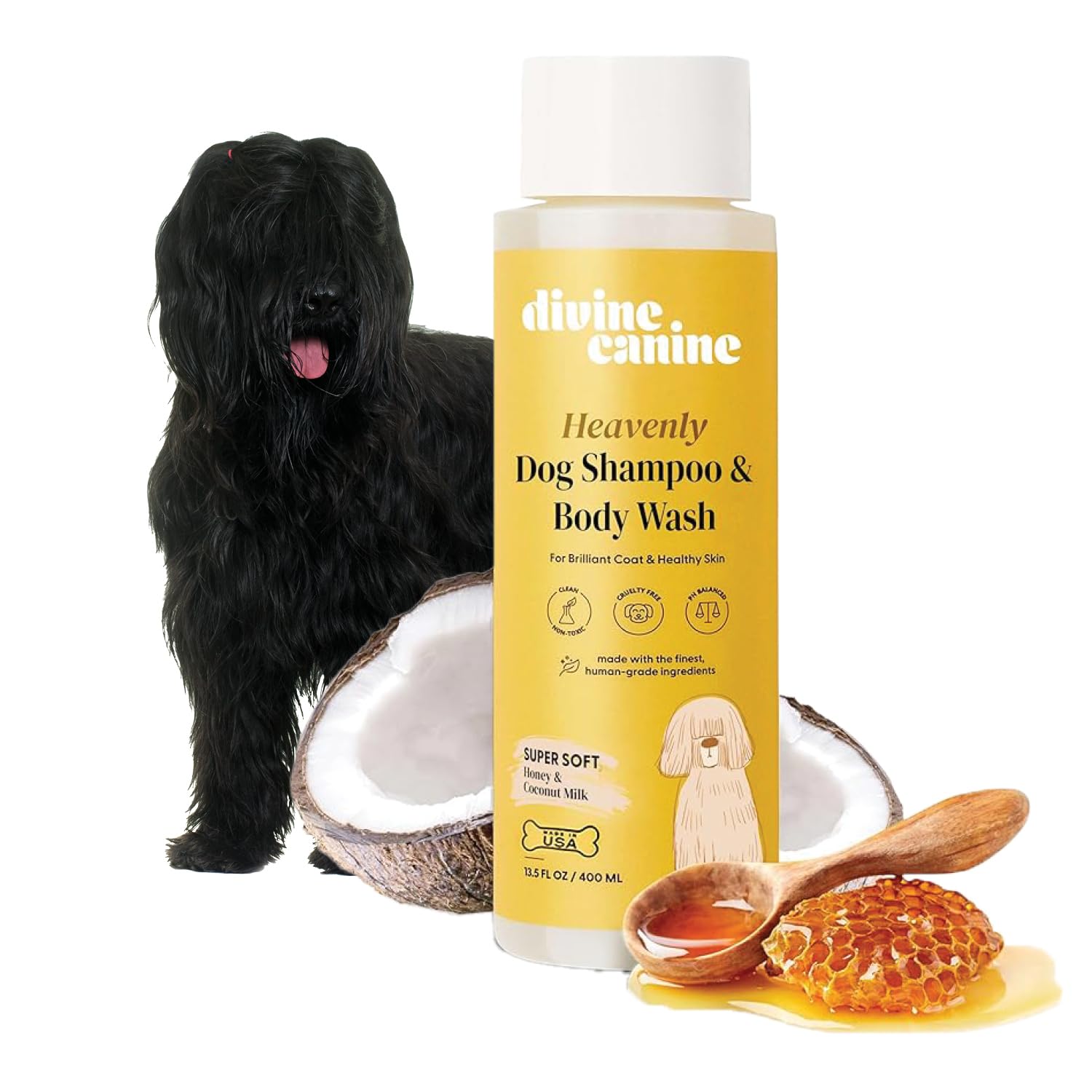 Dog Shampoo and Body Wash - 13.5 Fl Oz of Super Soft Pet Shampoo for Dogs - Made with Honey and Milk for a Healthy Skin and Coat - Made in the USA
