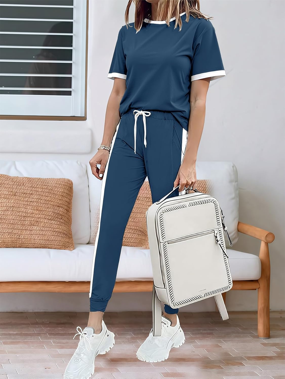 Women 2 Piece Outfits 2026 Summer Short Sleeve Top And Long Pants image 3