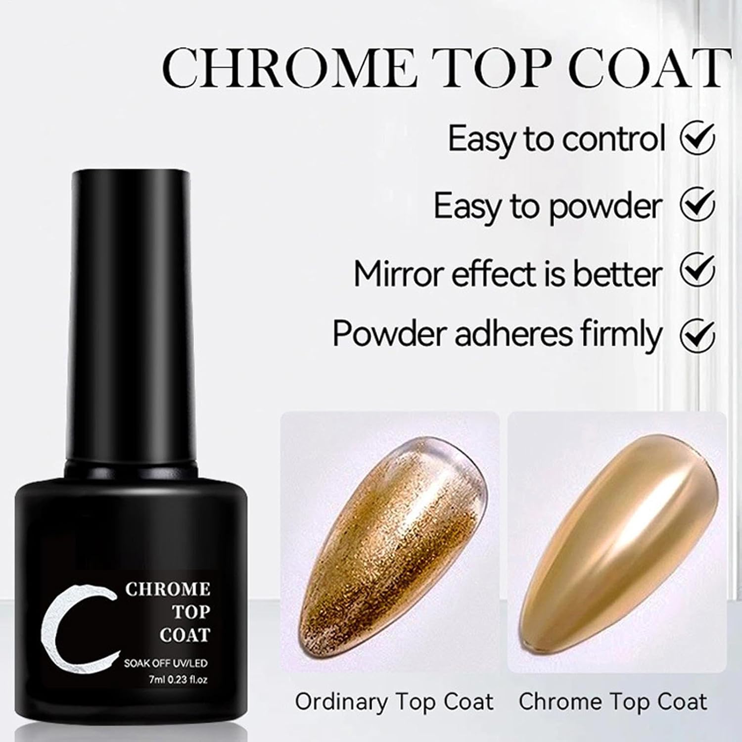 Shiny Gel Finish, Mirror Effect Topcoat, Nail Top Coat with Chrome Powder Use, Long Lasting Gel Top Layer for Design, Sturdy Coat with Smooth, Studio and Beginners 7 ml