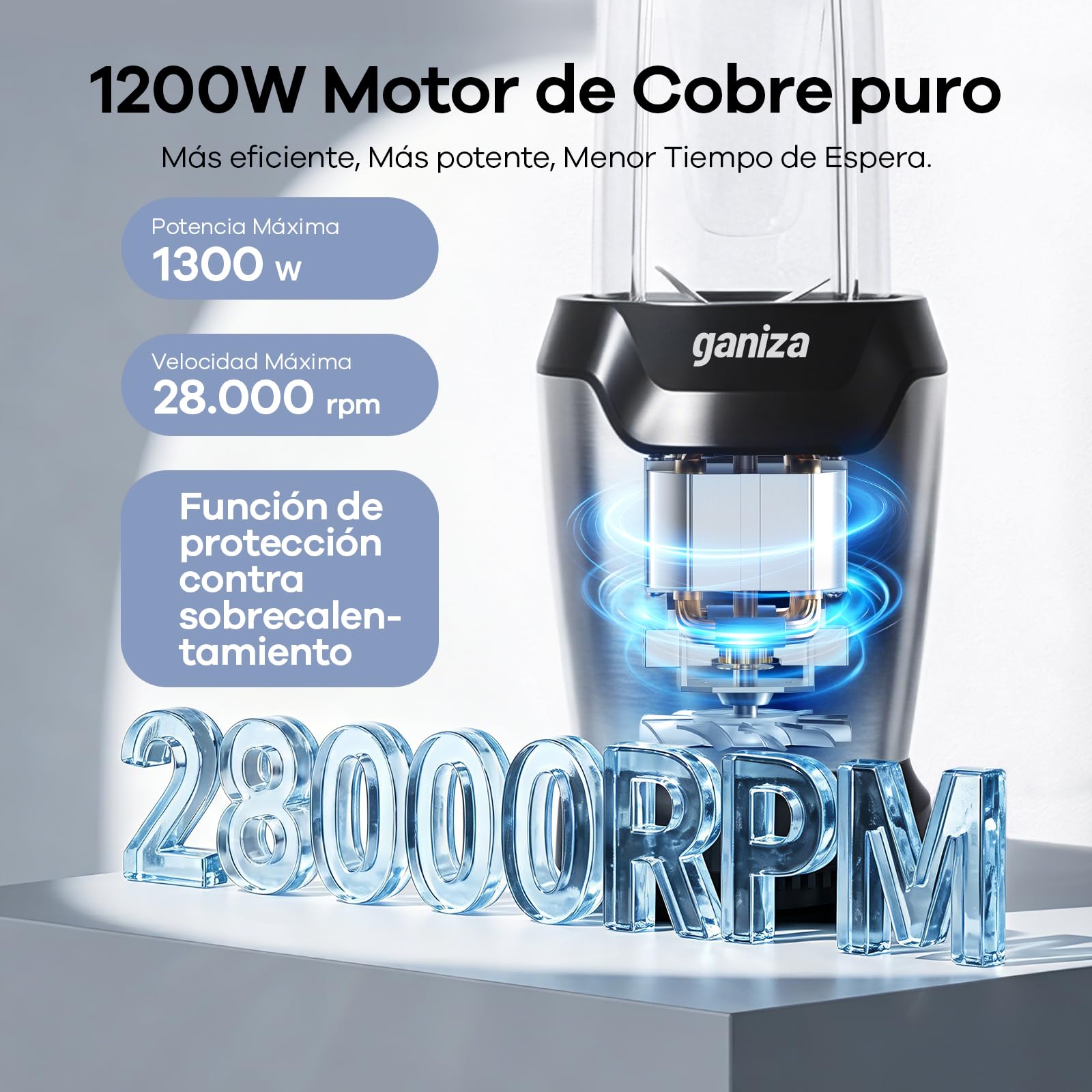 Ganiza Batidora de Vaso, 1300 W con 3 vasos mezcladores portátiles (2 de 1100 ml y 1 de 660 ml), 6 cuchillas de acero inoxidable, libre de BPA, batidora eléctrica para batidos y trituración de hielo