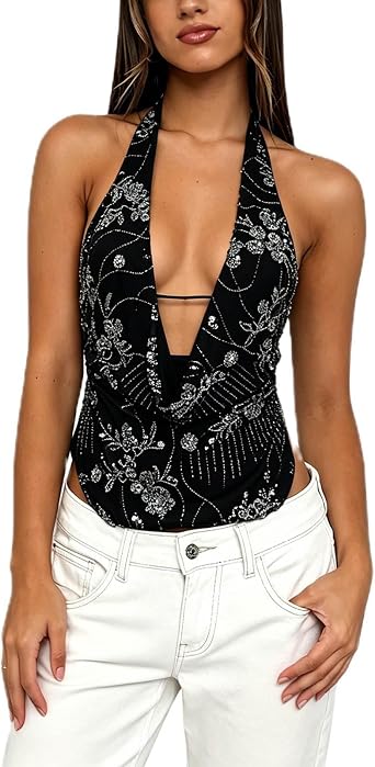 Womens Y2k Sparkly Sequin Beaded Halter Tops Sexy Cowl Neck Low Cut Backless Embellished Tops Concert Party Outfits