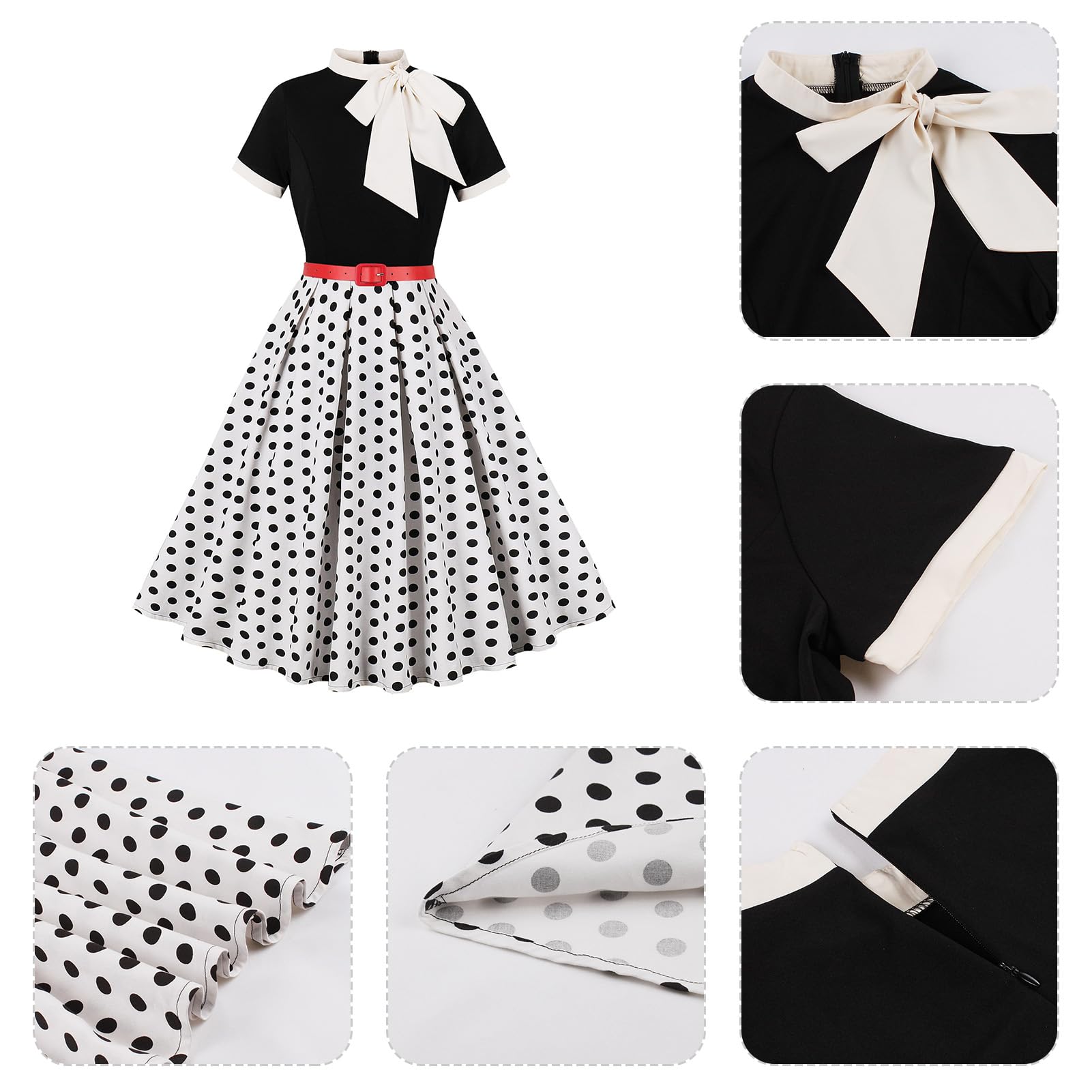 Odizli Robes Rockabilly pour femme années 50 vintage à manches courtes cravate à pois fleurs swing longueur genou robe coctail avec ceinture