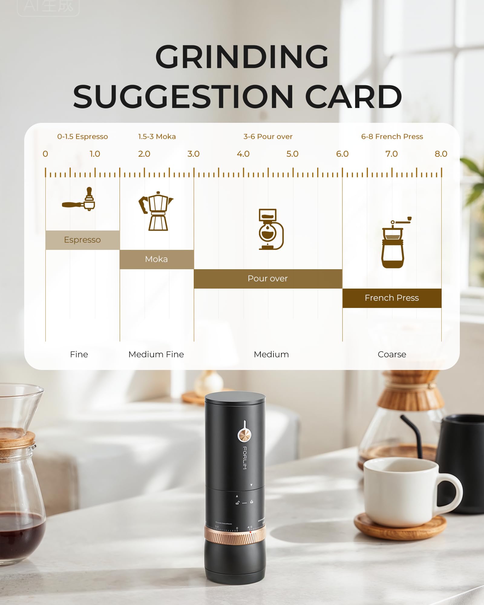 FORLIM Molinillo de café eléctrico portátil, recargable sin cable, rebabas cónicas de acero inoxidable con 80 ajustes precisos, dosis única, espresso, cafetera Moka, vertido