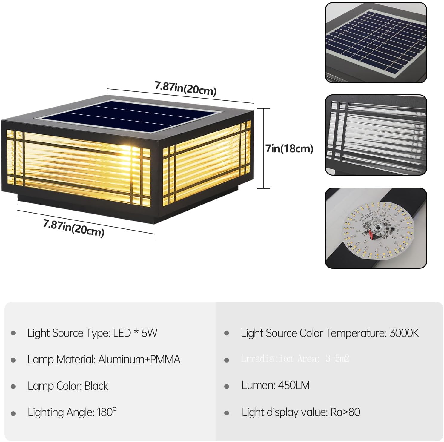 SLAWA Solar Post Light Fixture Exterior Pillar Light with LED Solar Power Column Caps Lamps Aluminum Waterproof Glass Fence Post Caps Lights Black Square Outside House Yard Lawn Deck Post Lanterns