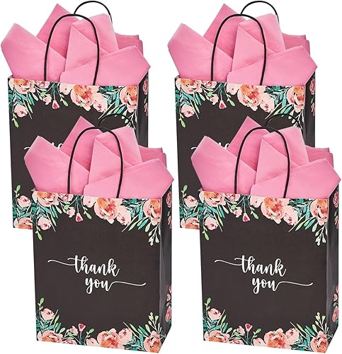 DjinnGlory Paquete de 50 bolsas de regalo de papel de agradecimiento floral de tamaño mediano con asas y papel de seda rosa para boutiques, bodas,