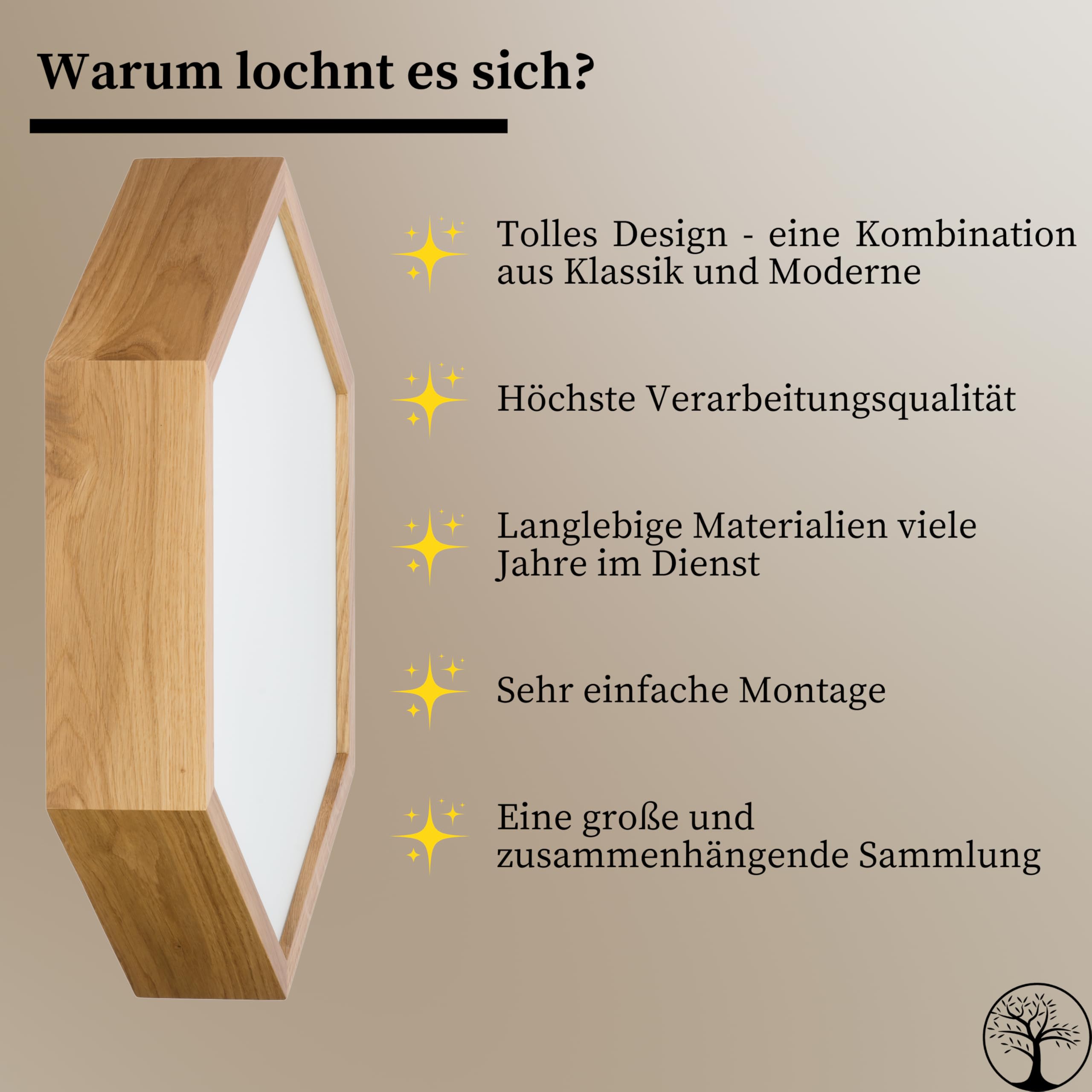Deckenlampe - Sechseck Holz Deckenleuchte Eiche 2xE27 (∅37 cm) - Modern Beige Lampe für Schlafzimmer, Wohnzimmer, Flur, Küche - Stilvolle Eichenholz LEJA