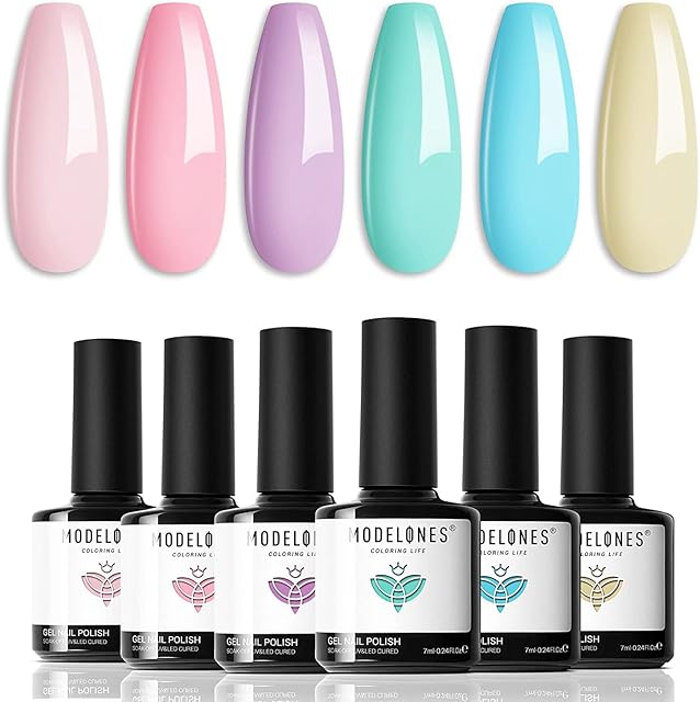 Modelones Pastel Gel Nail Polish Set, 6 Colors Spring Gel Polish Kit Pink Purple Nail Polish Gel Yellow Blue Gel Nail Polish Set Soak Off LED Nail Art Manicure Valentines Day Gifts for Women DIY Salon