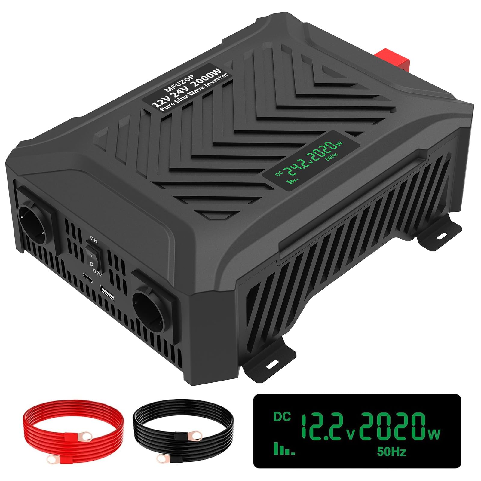MFUZOP Inverter Onda Sinusoidale Pura 2000W/4000W Power Inverter DC 12V/24V a AC 220V/230V Convertitore con 2 prese AC, 1 porta Type-C, 1 porta USB 5V 2.1A & LCD-Display(12V/24V-2000W)