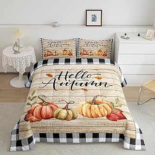 Fall Pumpkin Grid Comforter Set Queen Size,Black Geometric Plaid Bedding Set for Kids Adults Teens Room Decor,Rustic Farmhouse Wooden Quilt Set Halloween Duvet Insert 3Pcs,2 Pillowcases