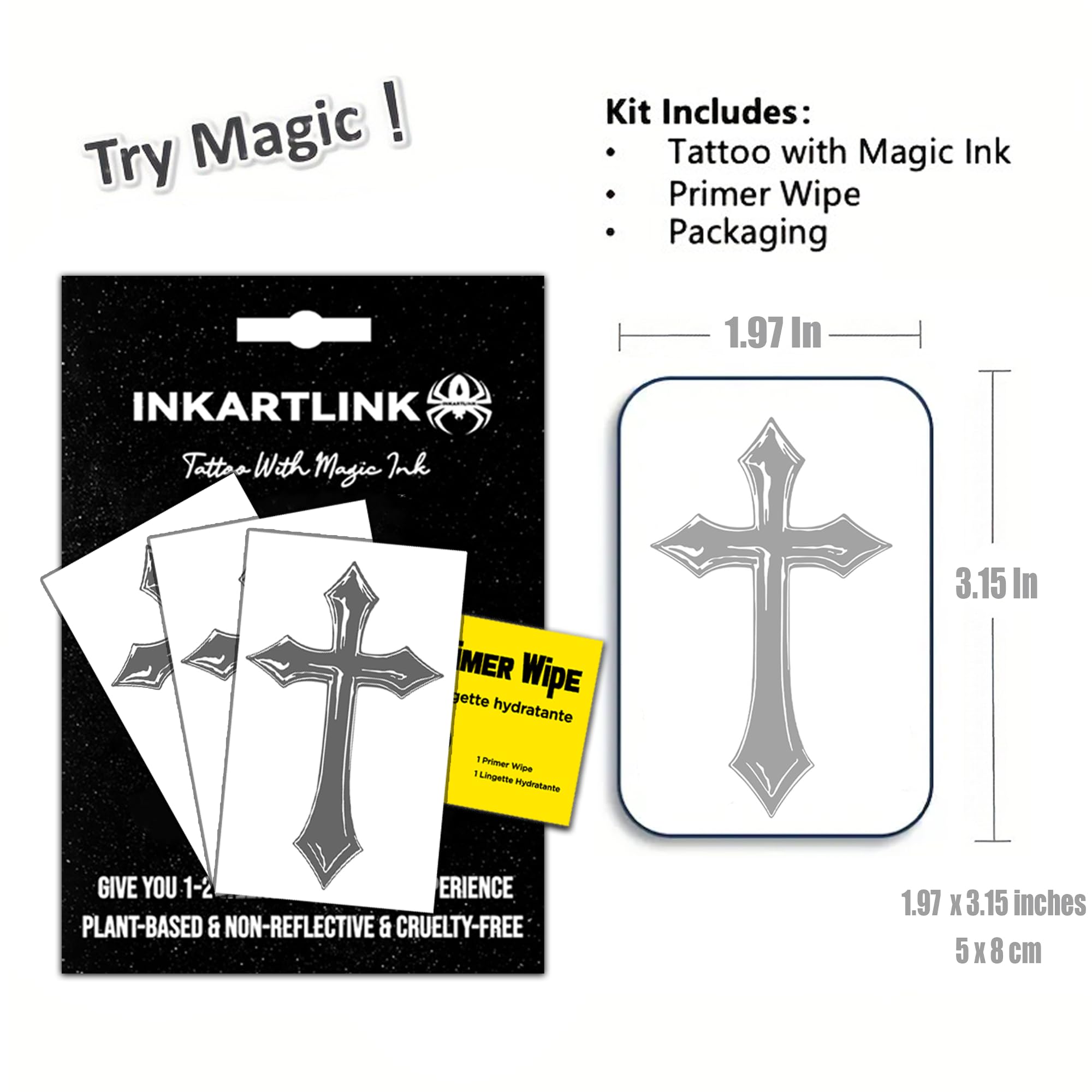 INKARTLINK Semi Permanent Tattoos, 3 Sheets of Small Temporary Tattoos, Adult Art Designs, Party Favors, Waterproof, Realistic, No Adhesive, No Reflective, Lasts 1-2 Weeks (Cross)