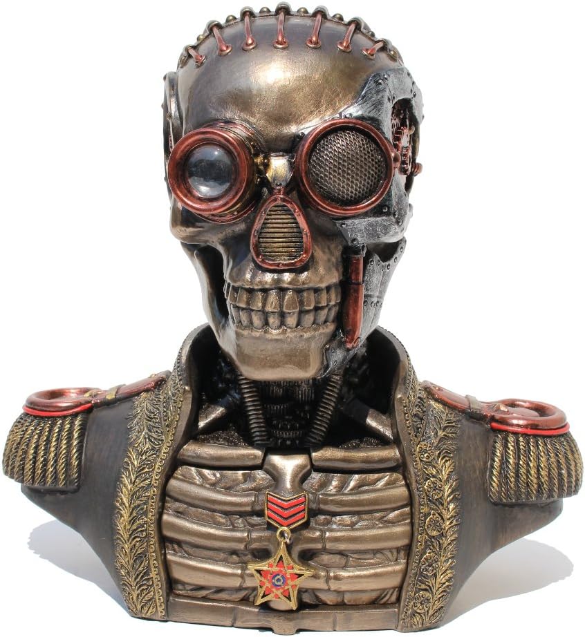 Steampunk Skull Band Uniform Bust Trinket Box, Cold Cast Bronze, 7.25 Inch Tall