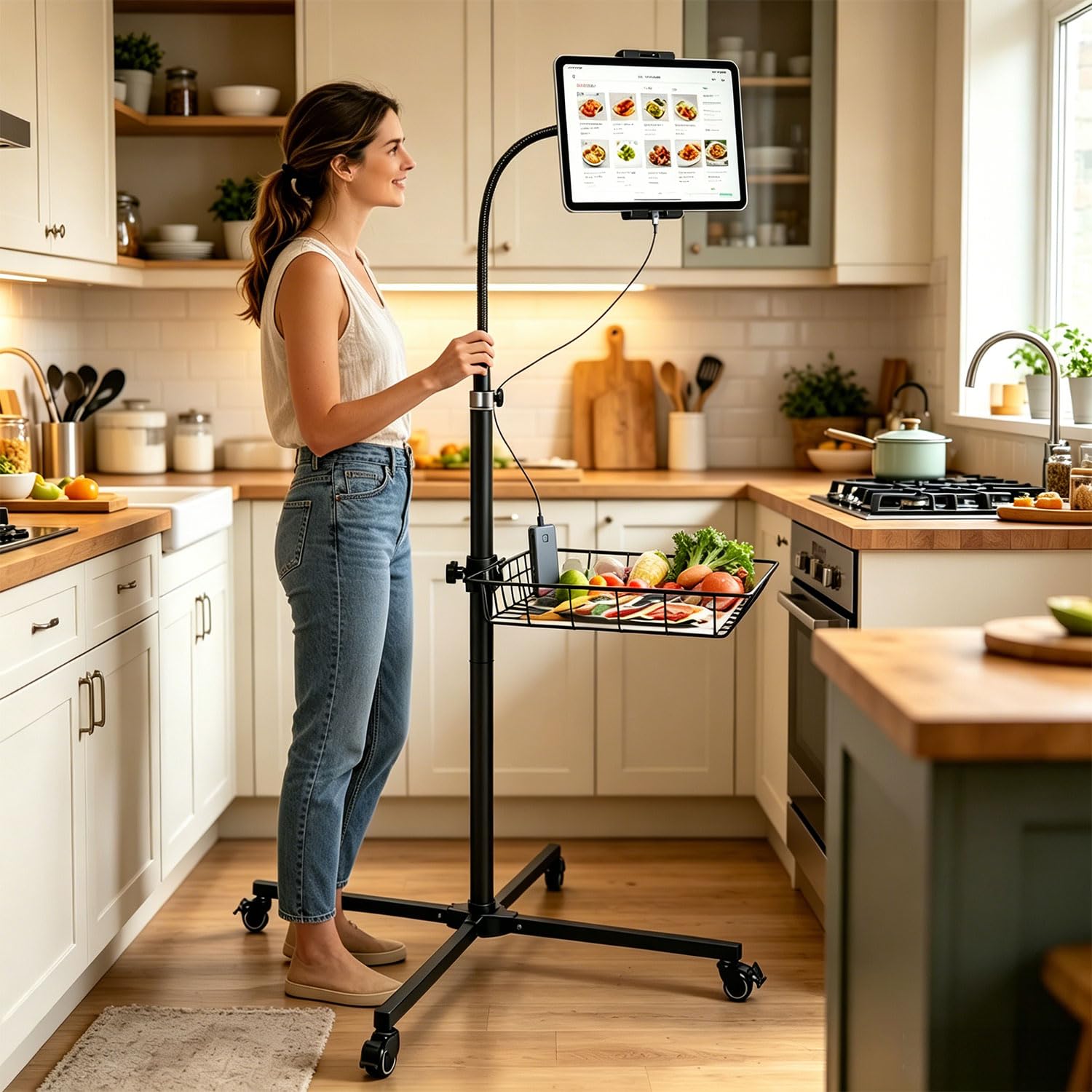 wishacc Tablet-Ständer, verstellbarer Bodenständer mit Schwanenhals, Rollfuß mit Rollen, höhenverstellbar (groß)