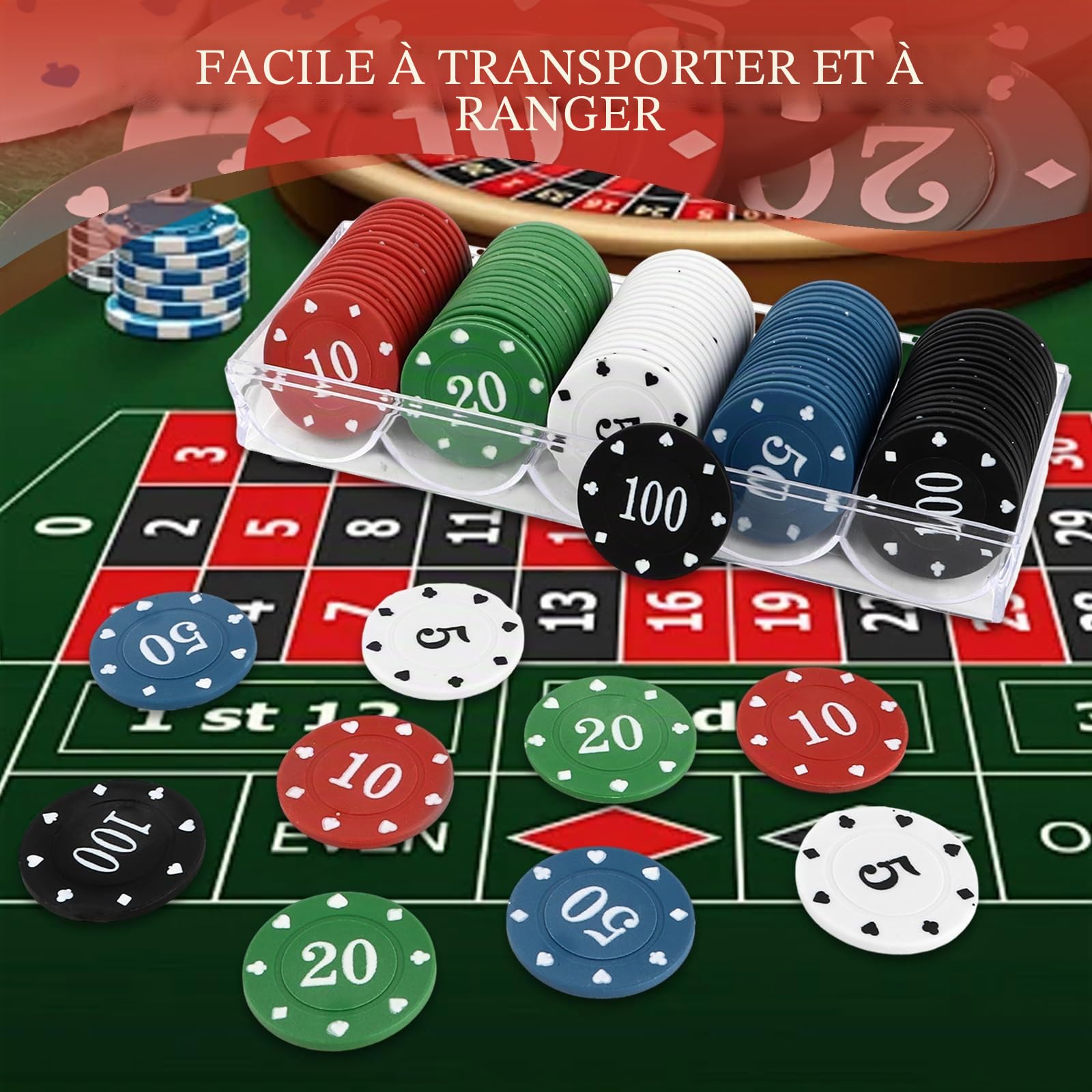 STARVAST Lot de 300 jetons de poker en plastique numérotés 5/10/20/50/100 pour les voyages et les fêtes de famille
