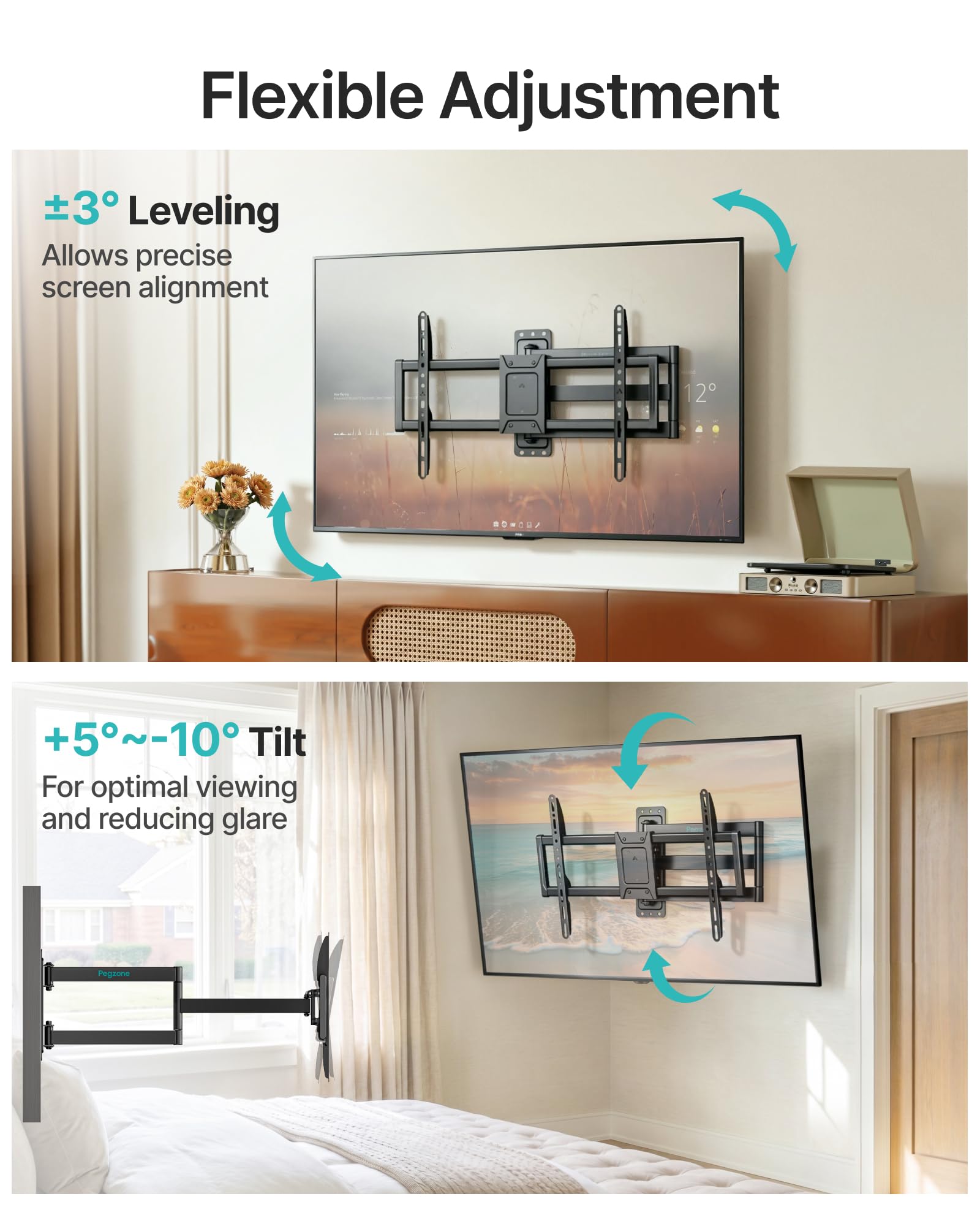 PEGZONE Soporte TV Pared Brazo Largo 86-812 mm 37-86", hasta 50 kg | Soporte para TV orientable e inclinable, VESA máx. 600x400, gestión de cables, compatible con TV LED, LCD y OLED