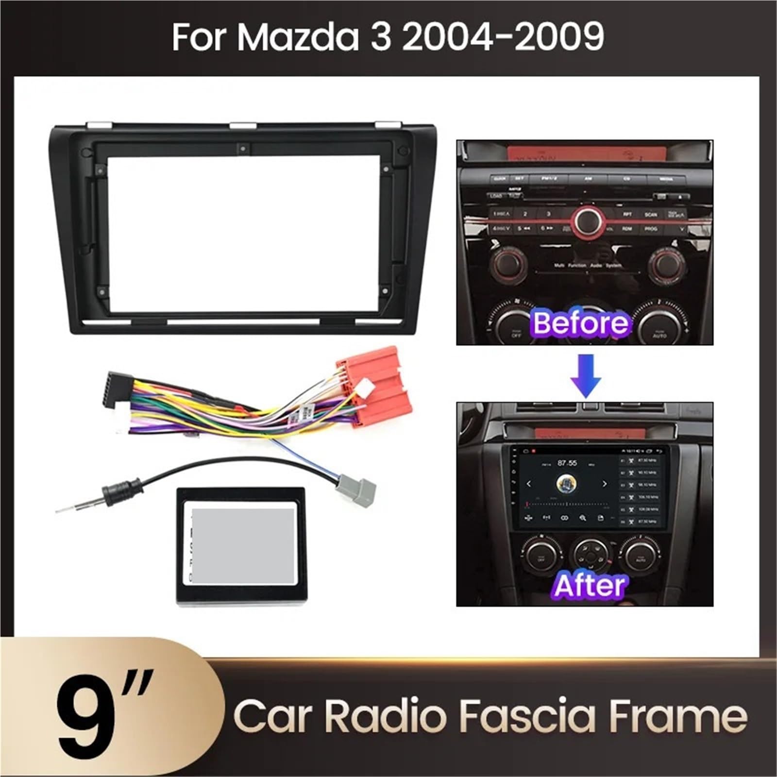 Radio Coche Adaptador Compatible con Mazda 3 2004-2009, Marco Frontal de 9 Pulgadas, Radio de Coche 2 DIN, GPS, Panel estéreo, Kit de Tablero Montaje Autoradio Marco