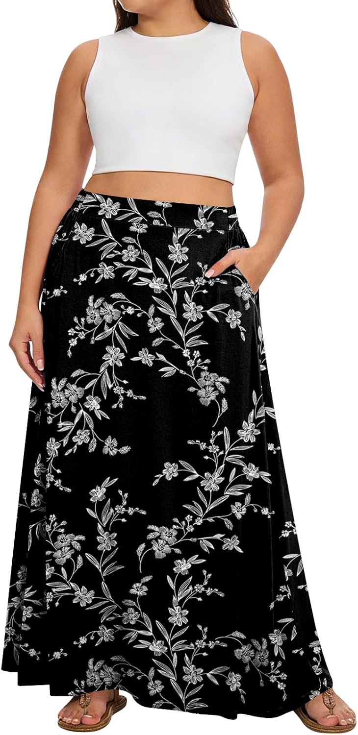 Yincro Womens Plus Size Maxi Skirt Elastic High Waisted Casual A-line Flowy Long Skirts with Pockets