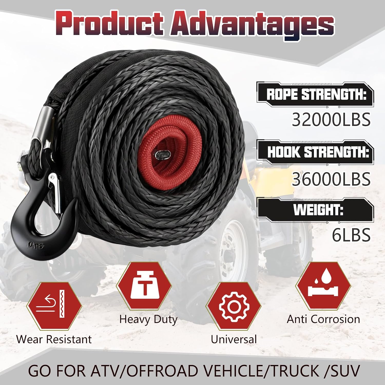 Marsui 1/2" x 100 ft Synthetic Winch Rope Cable Kit, 32000lbs Winch Line with Protective Sleeve Forged Hook Replacement Safety Pull Strap for 4WD Vehicle Truck ATV UTV SUV (Black)