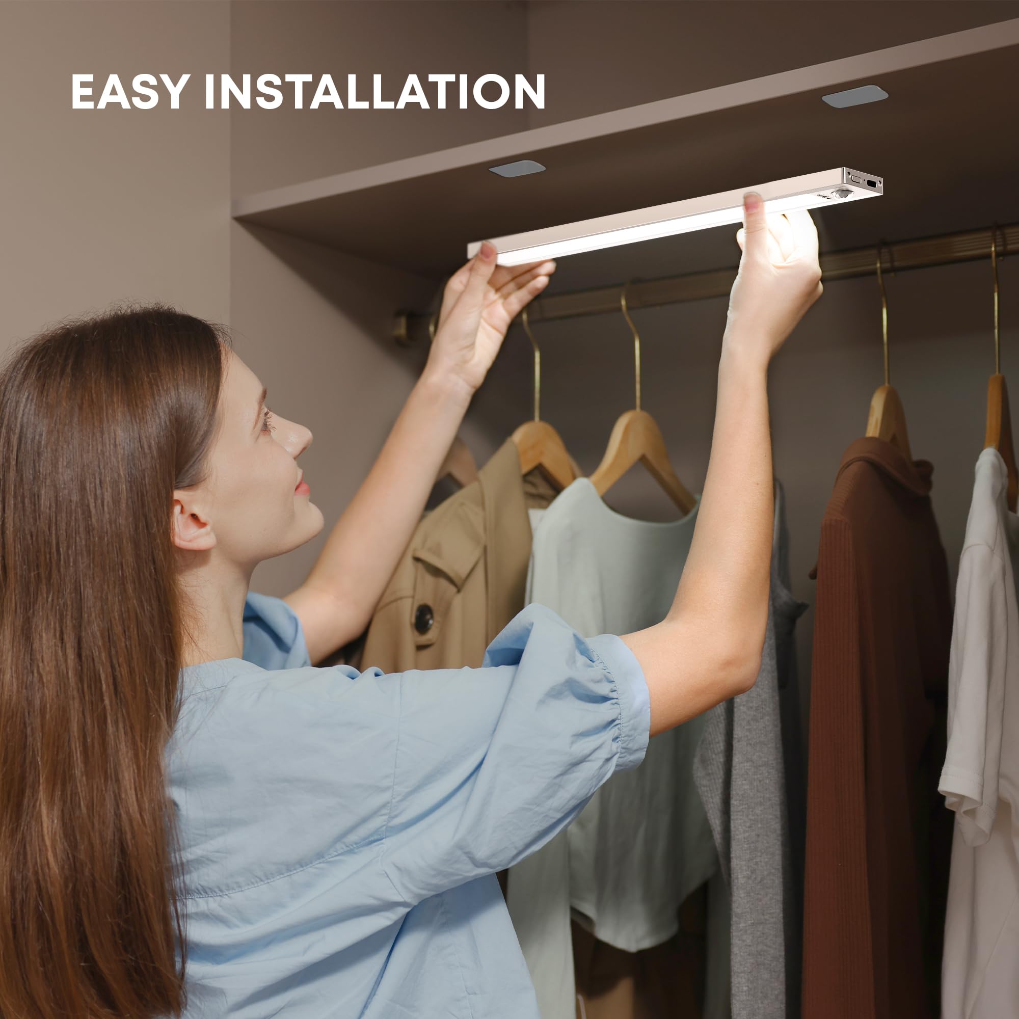 LROLTEF Under Cabinet Kitchen Lights Motion Sensor Dimmable 40cm 2200mAh 6500K 66 LED Under Counter USB-C Rechargeable Wardrobe Sensor Indoor Night Light for Kitchen Shelf Stairs Closet 1 Pack - Image 2