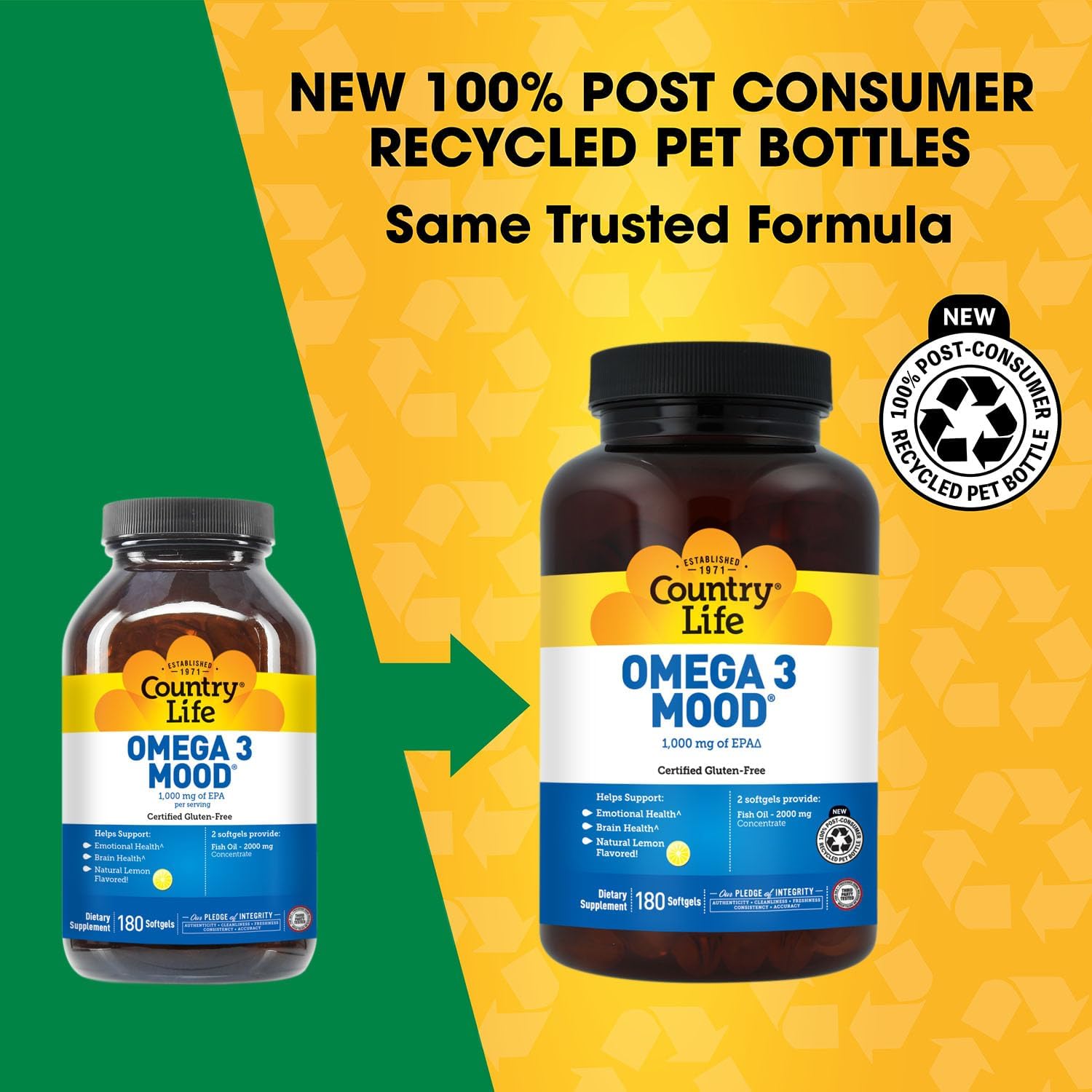 Country Life Omega 3 Fish Oil Supplement - High Concentration EPA and DHA Omega 3 Fatty Acids - 2000mg Fish Oil for Emotional Health, Mood Support, and No Fish Taste - Natural Lemon Flavor