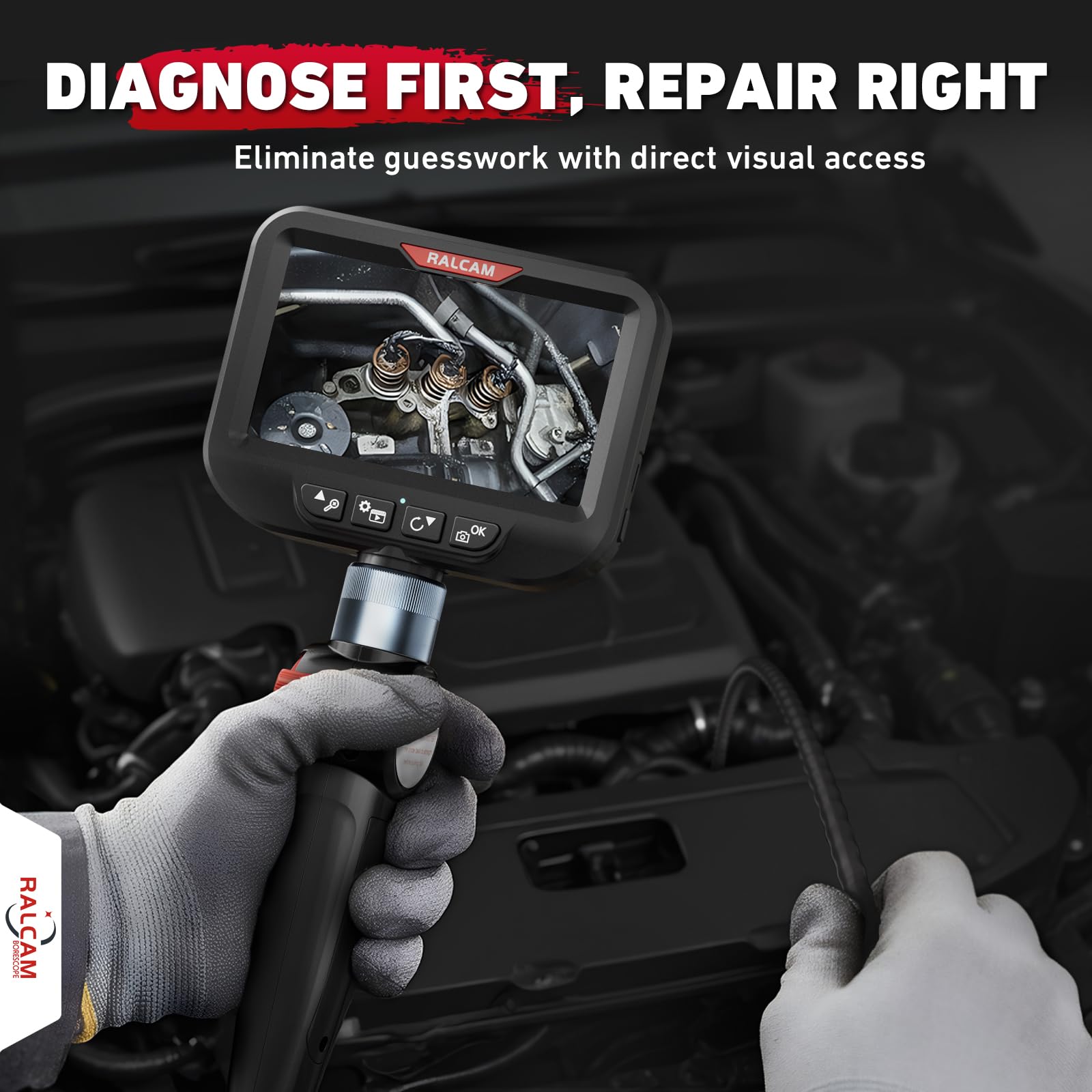 Cámara boroscopio articulada de 2 vías de 180° con luz, sonda ultrafina de 6.2 mm, cámara de inspección HD de 4.3 pulgadas, endoscopio industrial flexible de serpiente de 6.6 pies para pared de motor