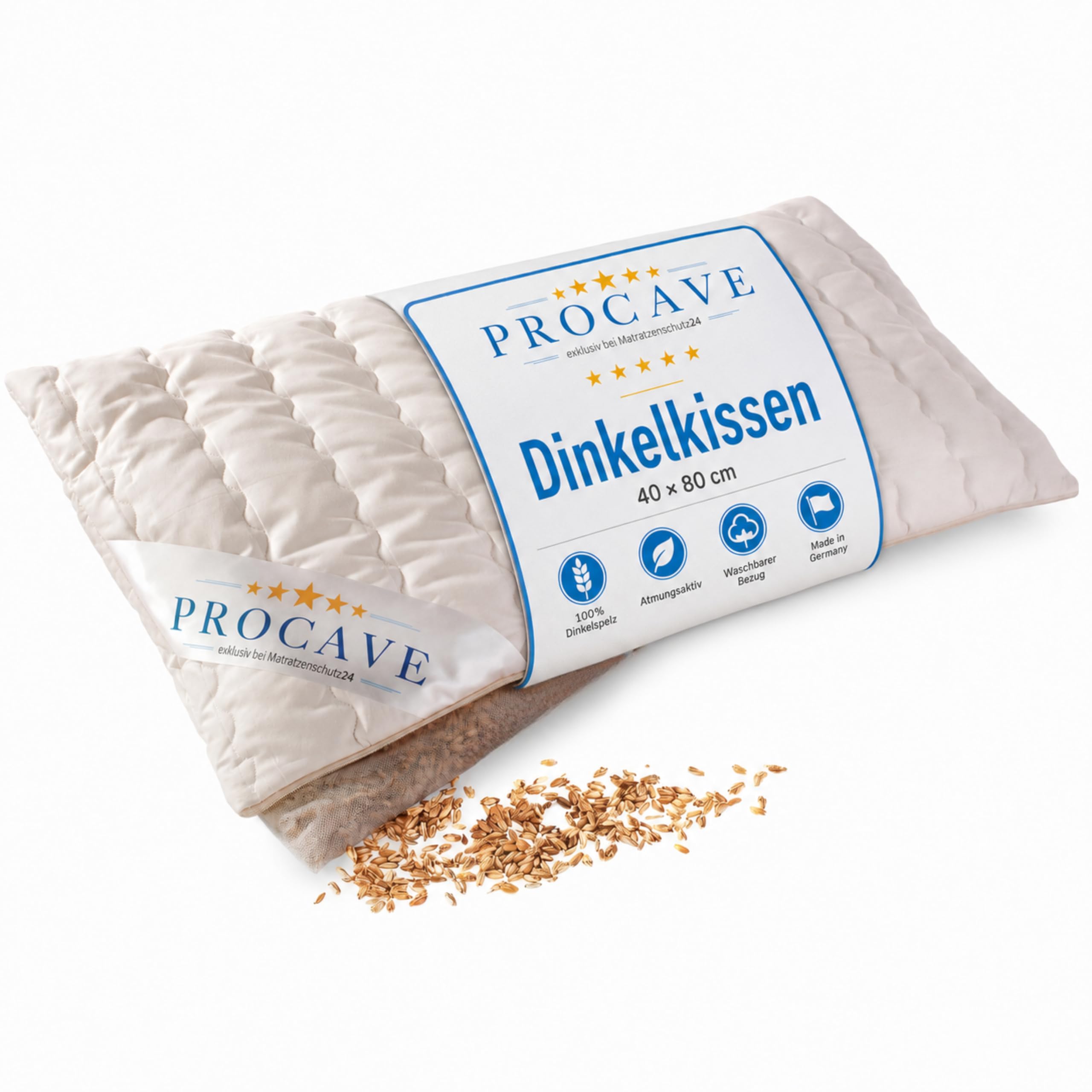 PROCAVE Dinkelkissen 40x80cm, Made in Germany, atmungsaktives Kissen mit Dinkel-Spelz, Körner-Kopf-Kissen mit waschbarem Bezug aus Baumwolle